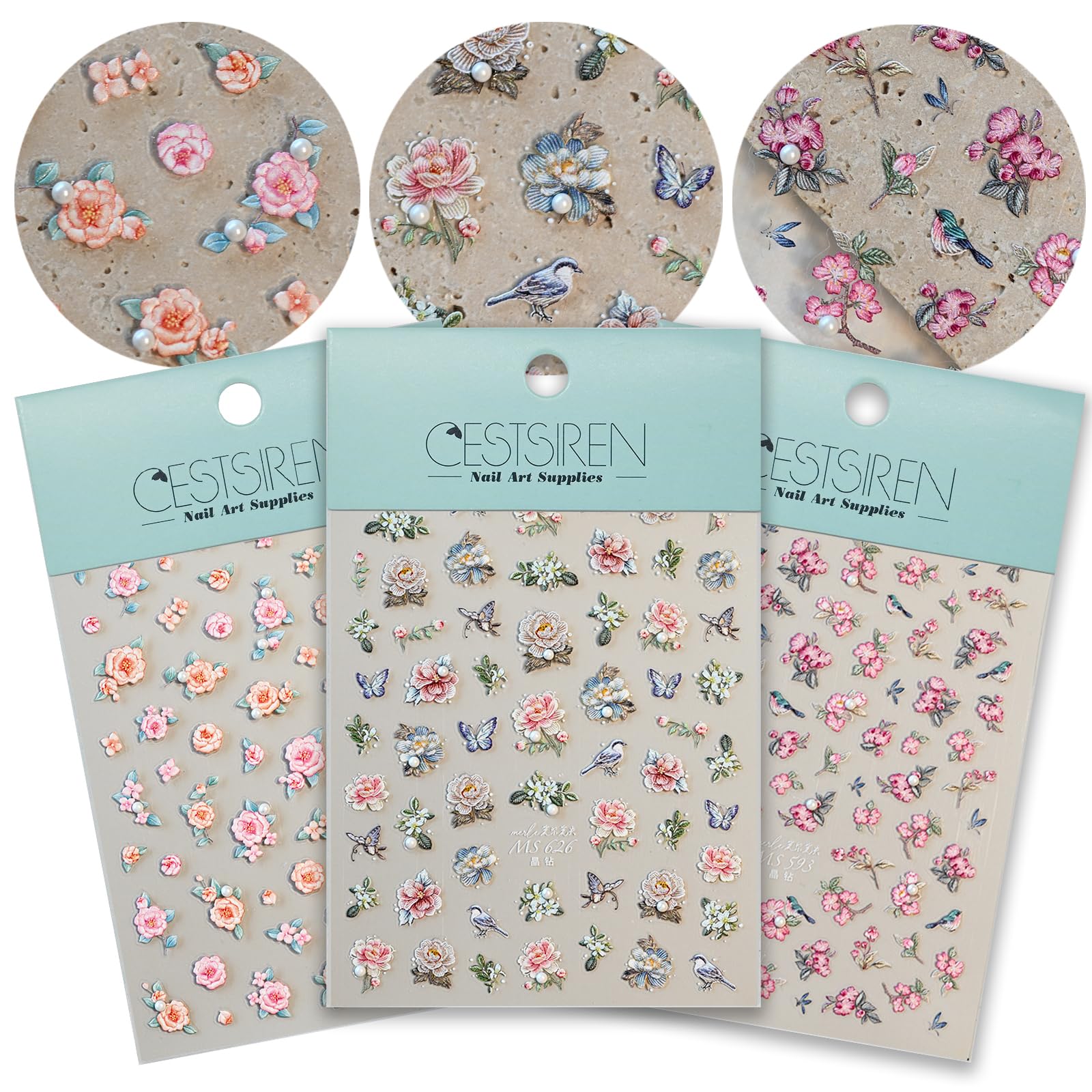 Vintage Rose Bird Nail Art Stickers with Pearl Rhinestones - Self-Adhesive Embossed Nail Decals for Women (3 Sheets) | Perfect for DIY Manicures, Bridal Nails, and Special Occasion Nail Designs