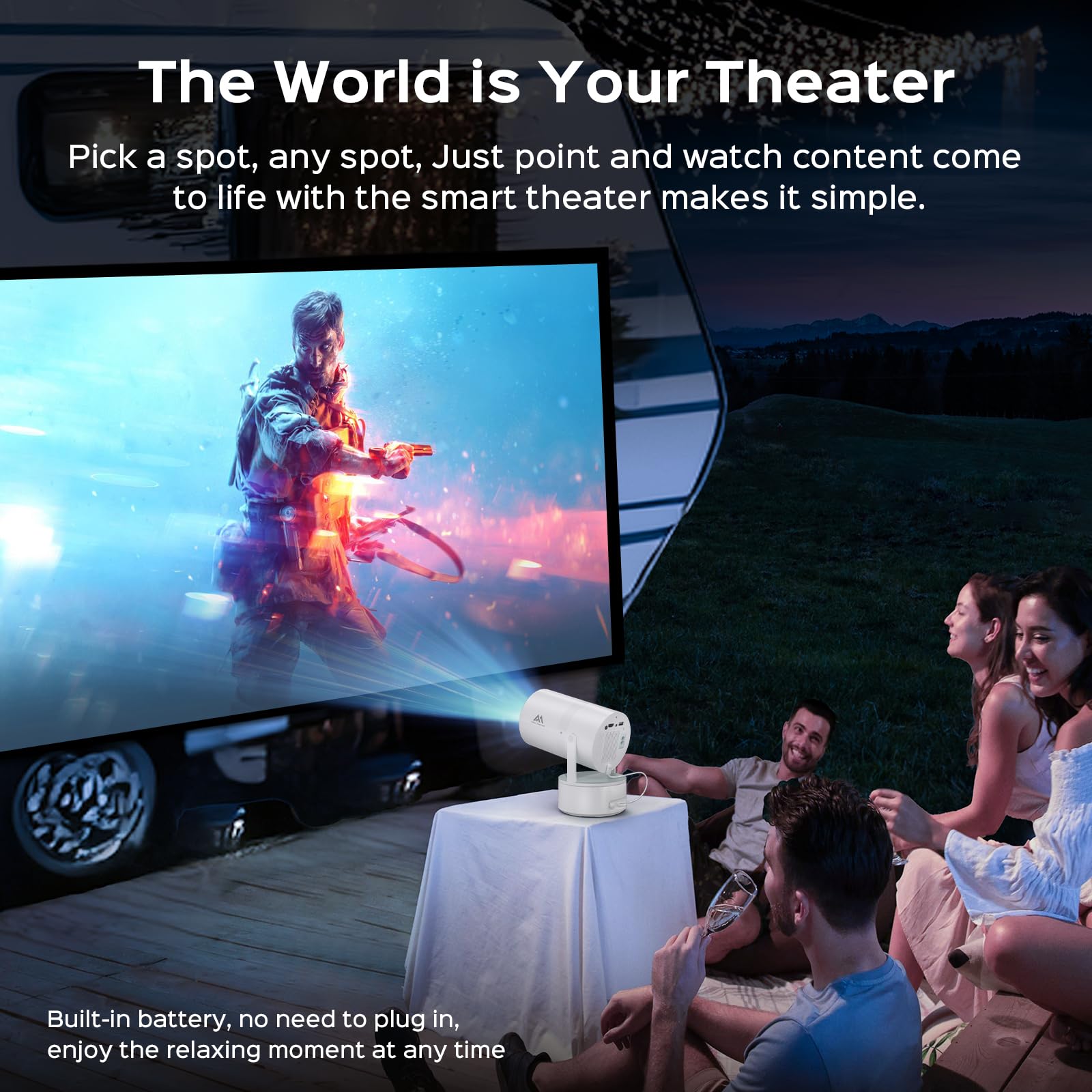 4K WiFi Bluetooth Mini Projector with Built-in Battery - 1080P Support, 270° Rotation, 150