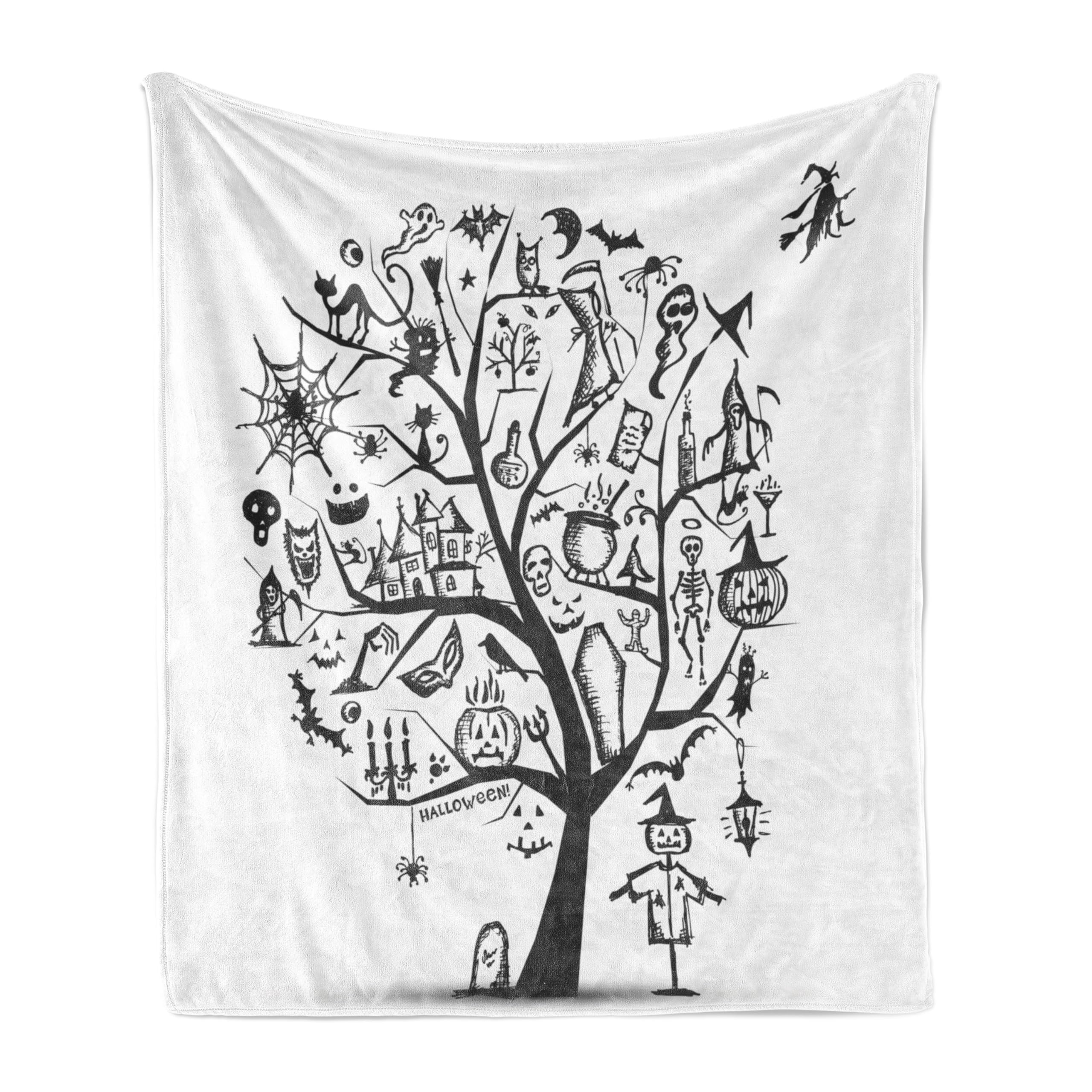 Ambesonne Halloween Throw Blanket - Spooky Tree & Witch Broom Design, Soft Flannel Fleece, 60