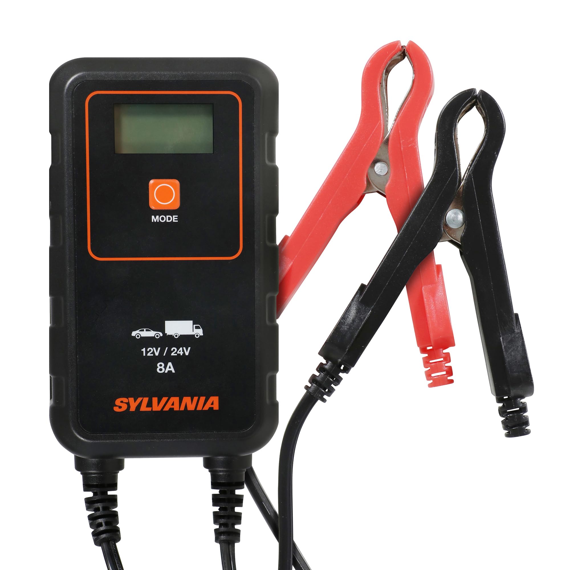 SYLVANIA Heavy-Duty 12V/24V 8A Smart Car Battery Charger & Maintainer - Portable Automotive Battery Charger for Cars, Trucks, SUVs - Perfect for Winter Storage, Long Trips & Emergency Jump Starts