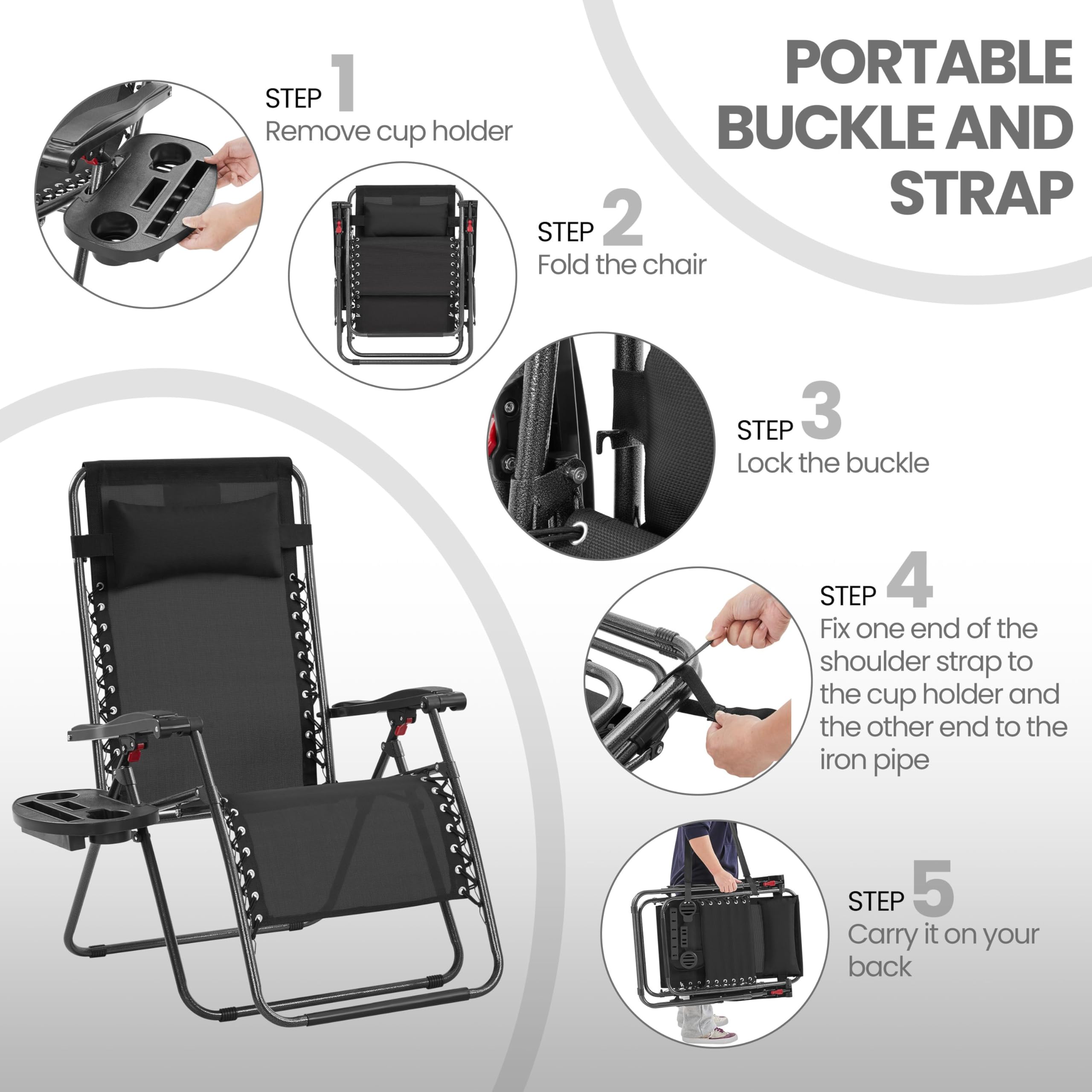 Yaheetech 29 Inch Zero Gravity Chair with Pillow, Cup Holder & Carry Strap - Adjustable Foldable Reclining Lounge Chair for Outdoor, Patio, Lawn, Poolside, Beach - Black (1 Pack) - Perfect for Relaxing, Sunbathing and Backyard Lounging