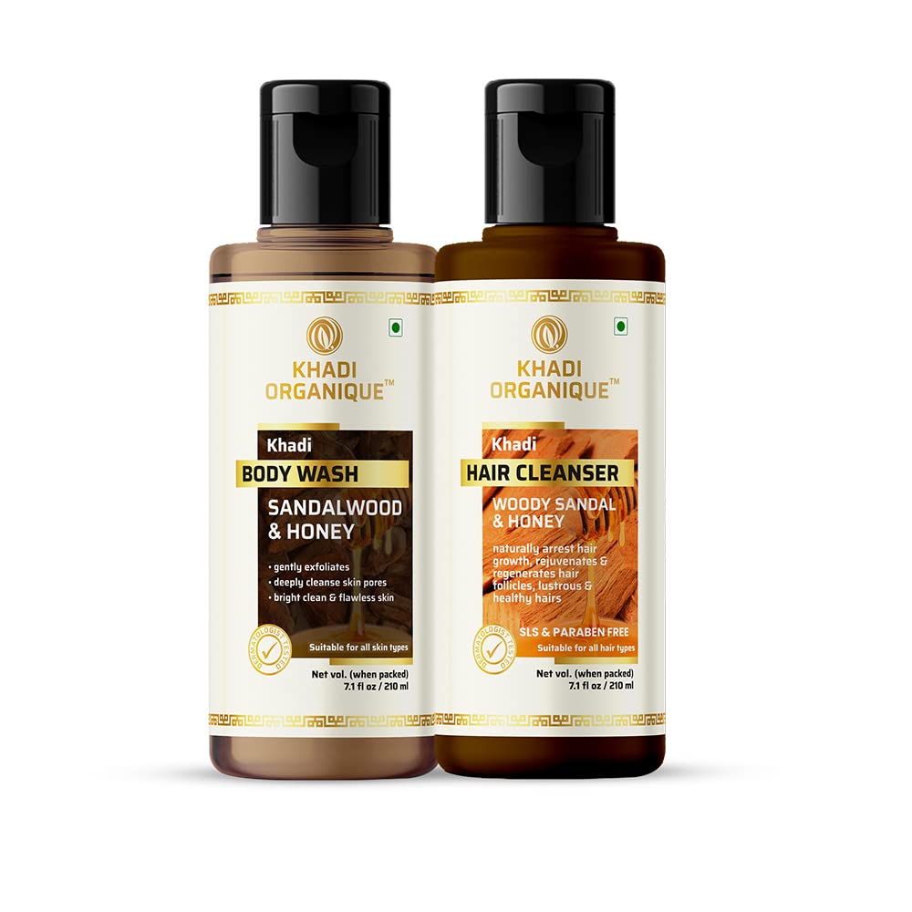 Khadi Organique Body Care Kit - Sandalwood & Honey Body Wash with Woody Sandal & Honey Shampoo | Natural Ayurvedic Skincare Set for Dry Skin & Hair | Perfect for Spa Day & Self-Care Routine