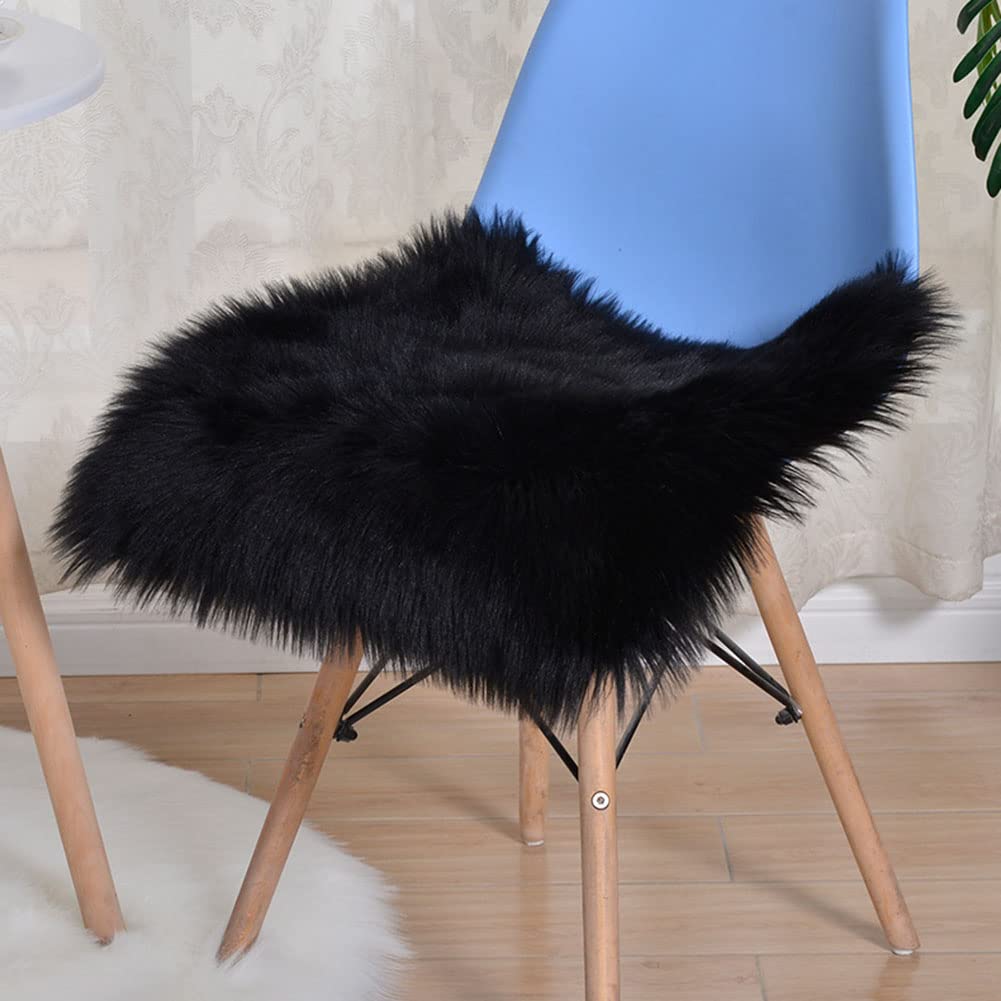 Premium Faux Fur Sheepskin Square Chair Cover - Ultra Soft Fluffy Seat Cushion Pad & Shaggy Wool Carpet - 16
