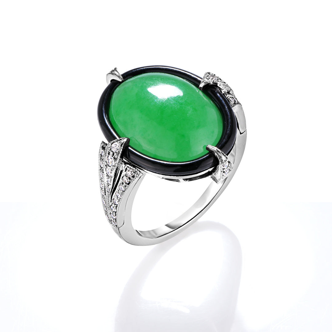 Exquisite Oval Green Jade Ring with Black Enamel & Diamond Accents - Elegant Jewelry for Weddings, Anniversaries & Special Occasions