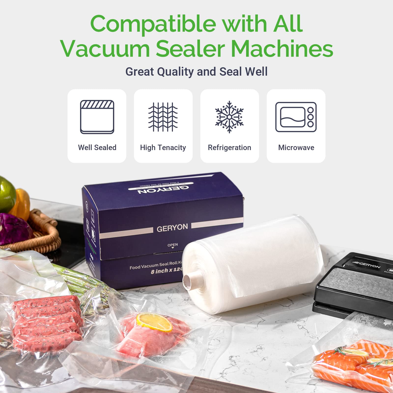 GERYON Vacuum Sealer Bags for Food Storage - 8x120ft Rolls with Slide Cutter | BPA-Free, Compatible with All Vacuum Sealer Machines | Perfect for Meal Prep, Sous Vide Cooking & Long-Term Food Preservation