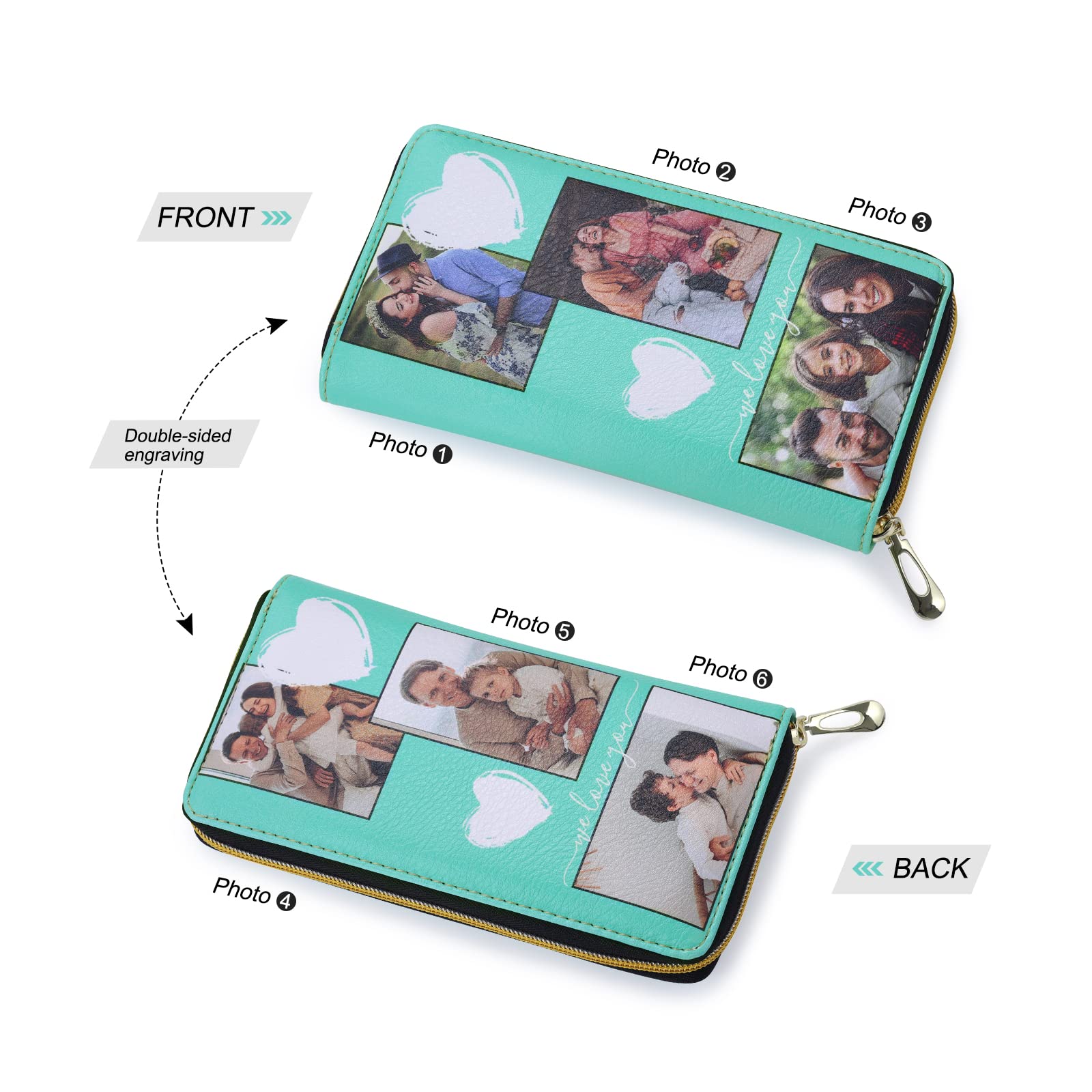 Personalized Leather Wallets for Women - Custom Photo & Engraved Name Zipper Wallet - RFID Blocking Credit Card Holder Clutch - Perfect Valentine's Day Gift for Mom, Wife, Girlfriend (Style 1) - Great for Travel, Shopping & Everyday Use