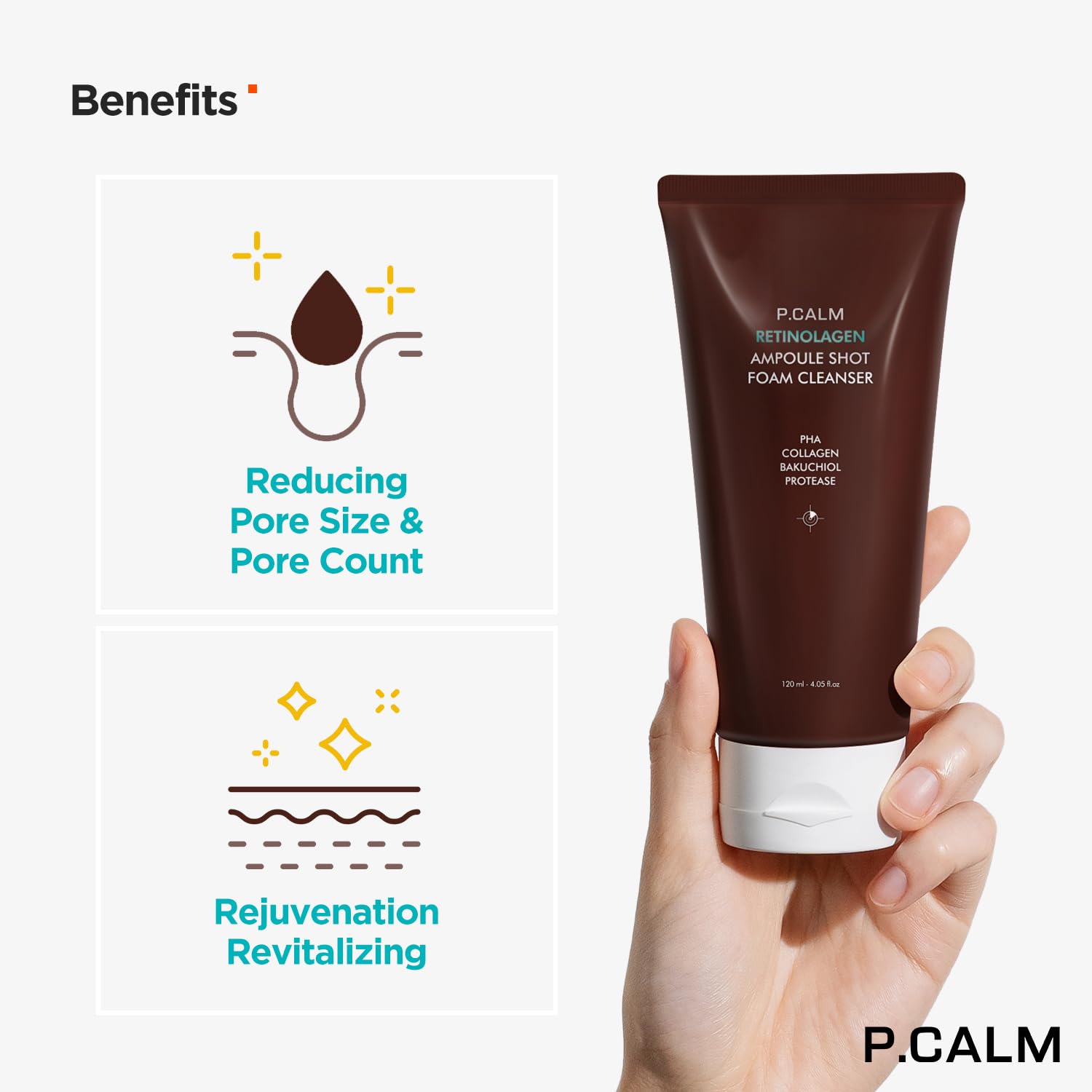 P.CALM Retinolagen Ampoule Shot Foam Cleanser 120ml - Vegan Pore Control Facial Wash with Retinol, Collagen, PHA & Bakuchiol for Sensitive Skin | Korean Skincare for Acne-Prone & Dry Skin | Morning & Night Routine | Gentle Exfoliating Face Wash