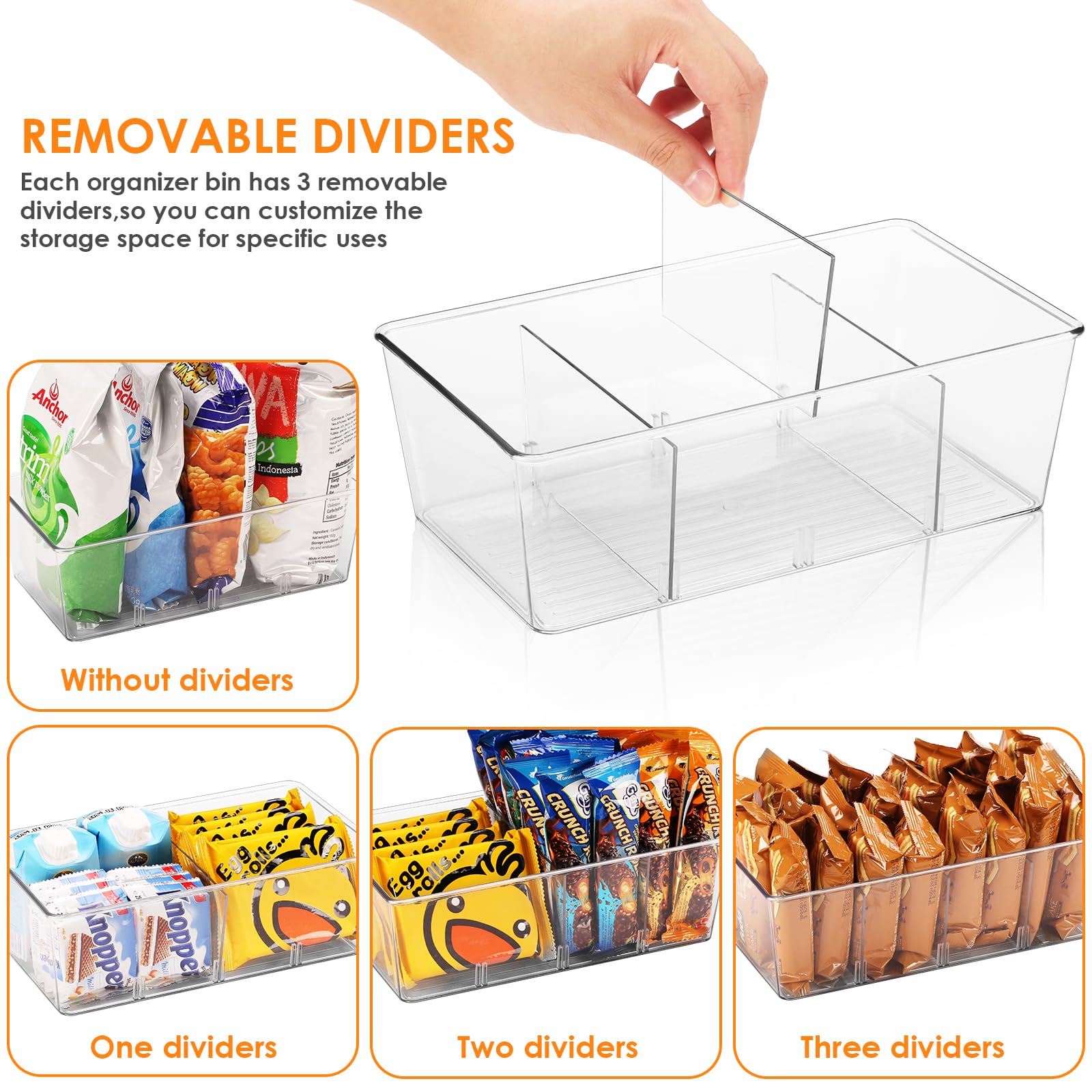 Hronta 2 Pack Clear Kitchen Storage Bins - 4 Compartment Pantry Organizer for Snacks, Spices, Tea Bags - Fridge & Cabinet Organization Solutions for Home, Office, Dorm Room