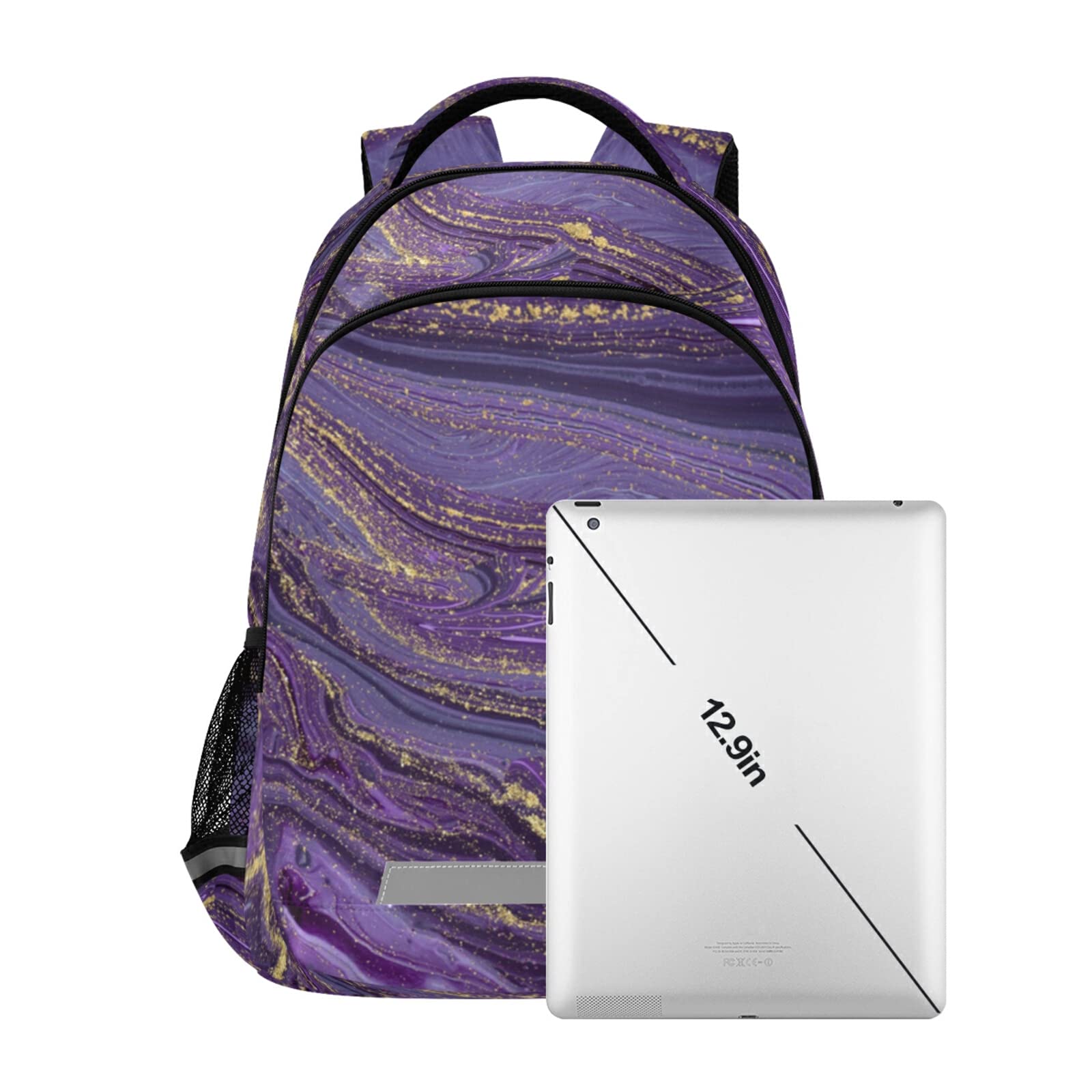 Stylish Purple & Gold Marbled Laptop Backpack for Teens & Adults - Waterproof School Backpack with Reflective Stripes for Safety | Perfect for College, Travel, Hiking & Daily Commute