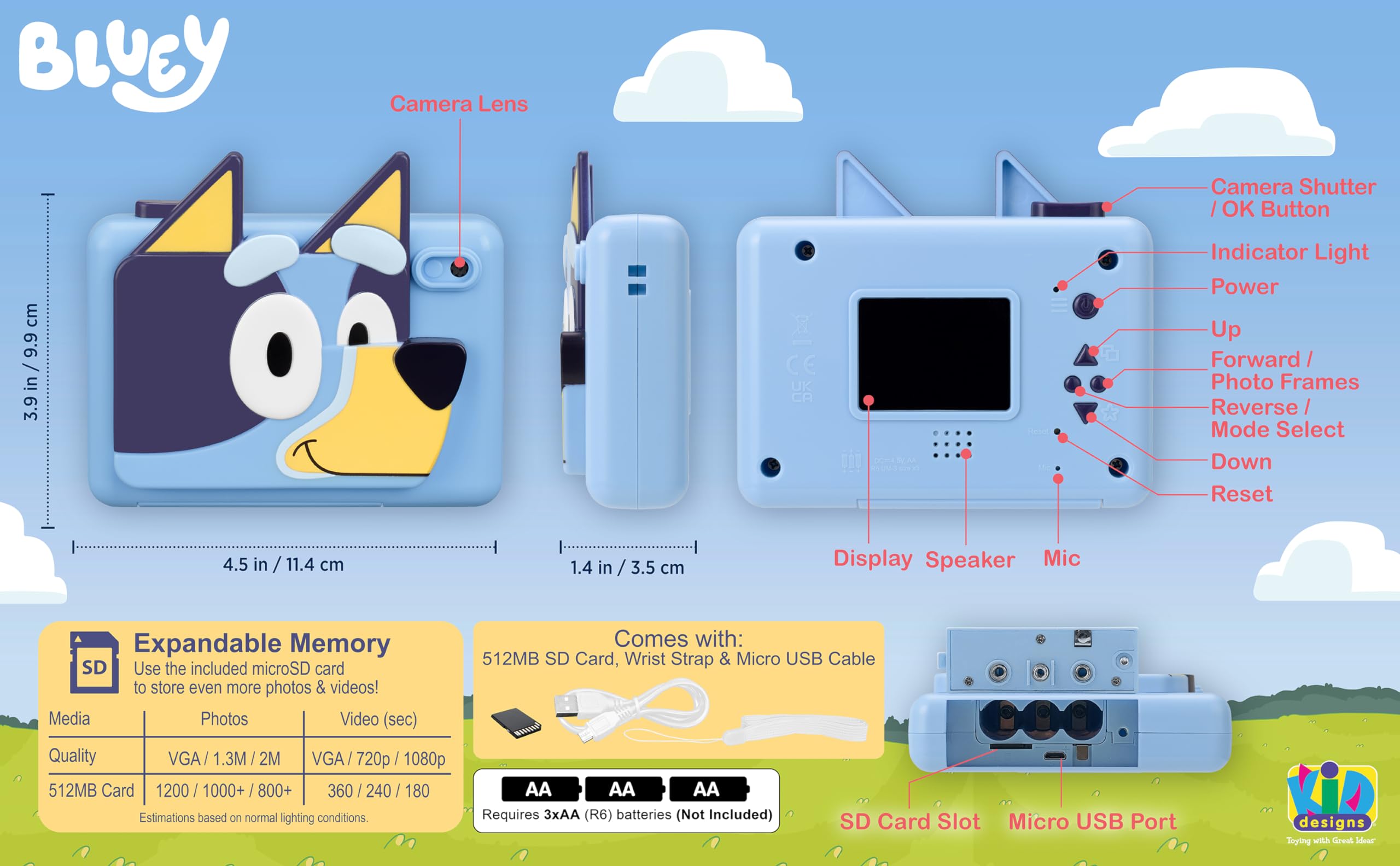 Bluey Kids Digital Camera with Video Recording, 32GB SD Card & Built-in Stickers - Fun Toy Camera for Kids, Perfect Gift for Bluey Fans - Capture Memories at Parties, Travel & Family Events