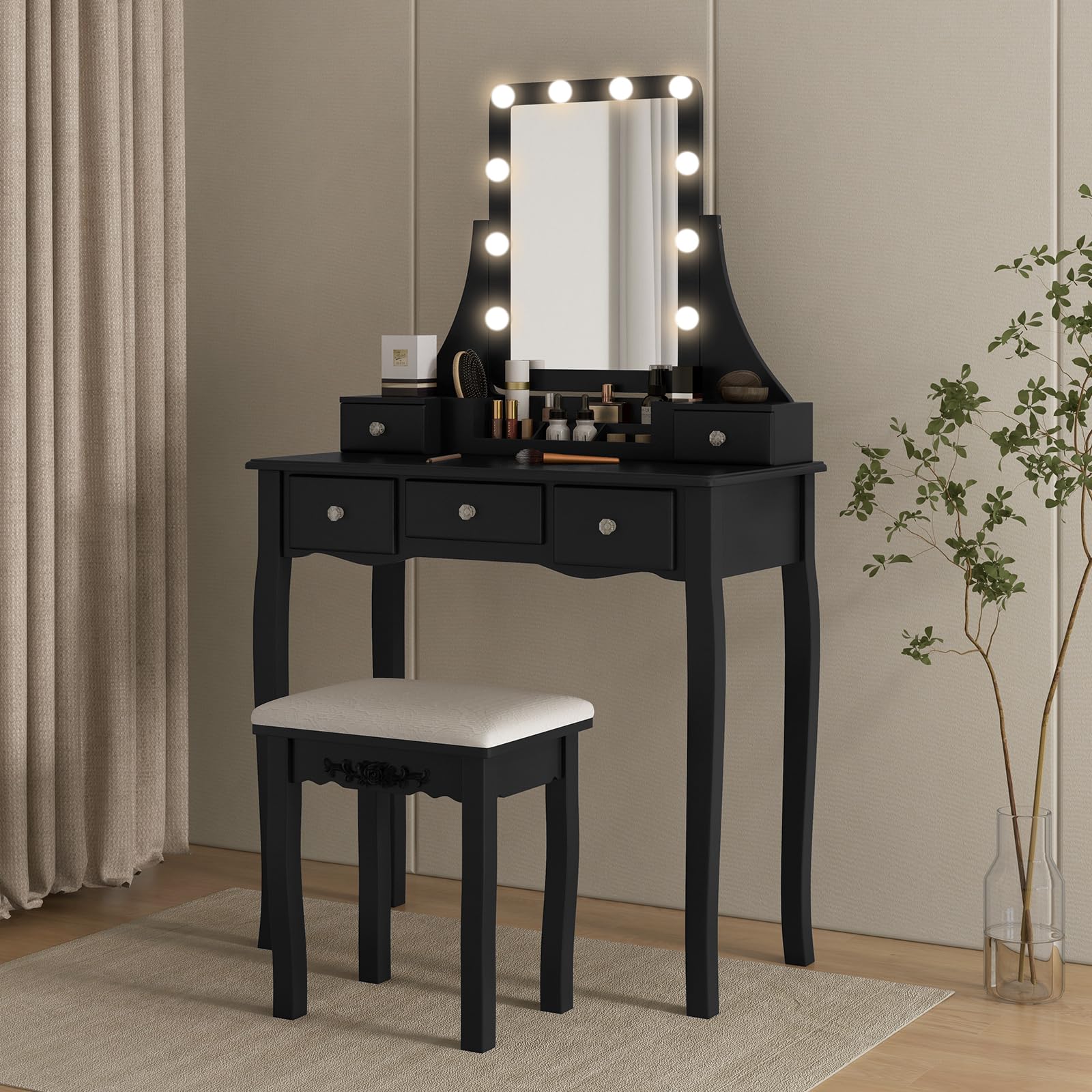 Charmaid Vanity Desk with LED Lights & Mirror - Modern Makeup Dressing Table with 5 Storage Drawers, 3-Color Lighting Modes & Adjustable Brightness - Includes Vanity Stool (Black) - Perfect for Bedroom, Dressing Room & Beauty Salon Setup