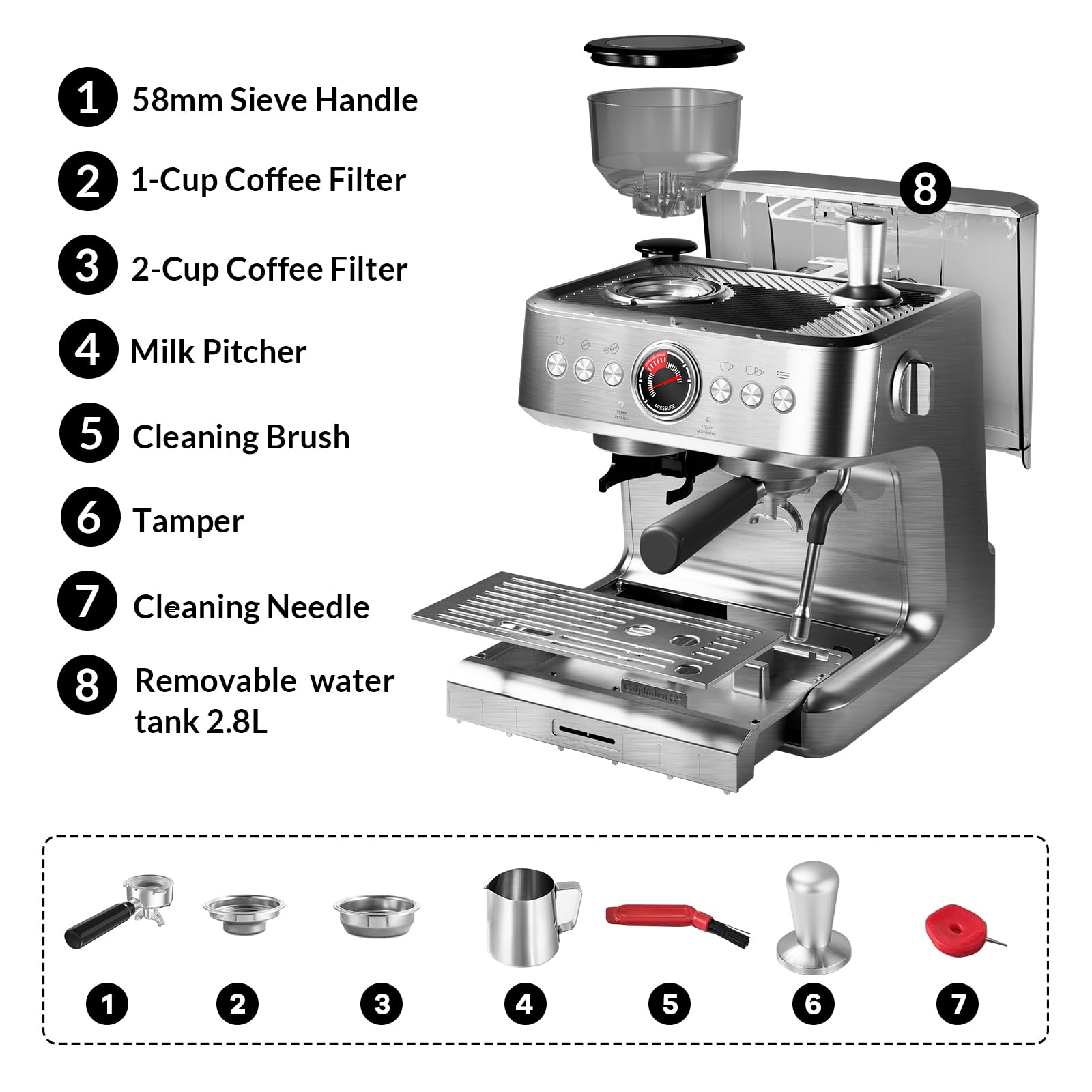 Premium 20 Bar Semi-Automatic Espresso Machine with Built-in Grinder & Milk Frother - PID Temperature Control, 95oz Water Tank - Perfect for Crafting Lattes, Cappuccinos & Macchiatos at Home or Café