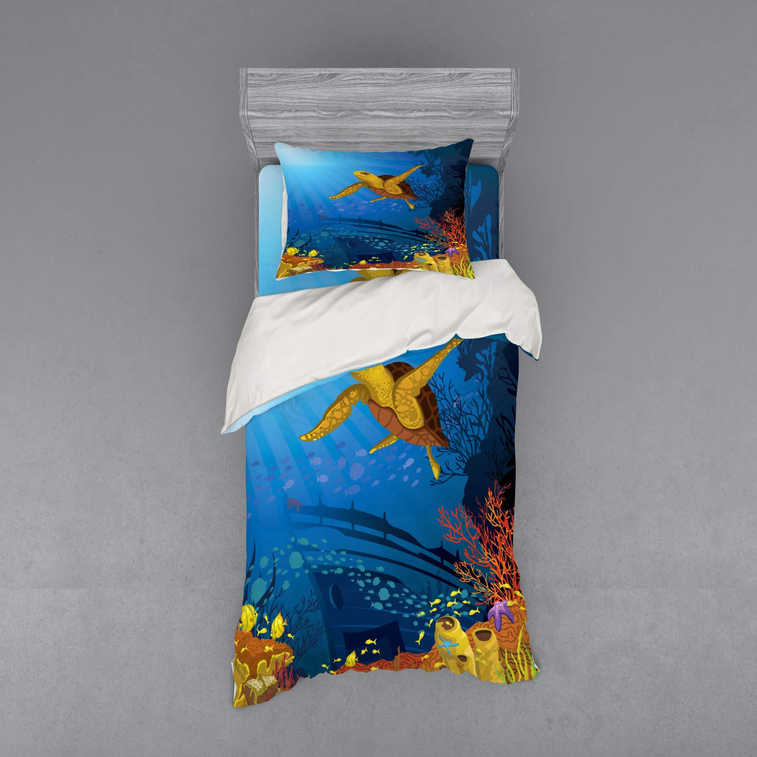 Ambesonne Ocean Themed 3-Piece Bedding Set - Coral Reef with Fish & Turtle Underwater Print Duvet Cover, Sham & Fitted Sheet - Twin Size in Yellow, Orange & Navy | Perfect for Beach House Decor, Kids Room or Ocean Lover's Bedroom