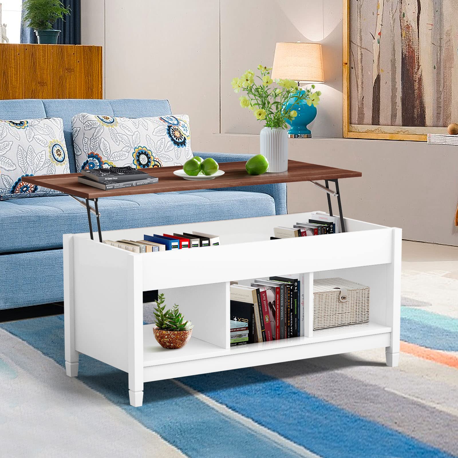 KOTEK Lift Top Coffee Table with Hidden Storage Compartment & Open Shelves - Modern Living Room Lift-Top Table for Small Spaces, Sofa Side Table with Storage - Perfect for Apartments, Studios & Reception Areas (White)