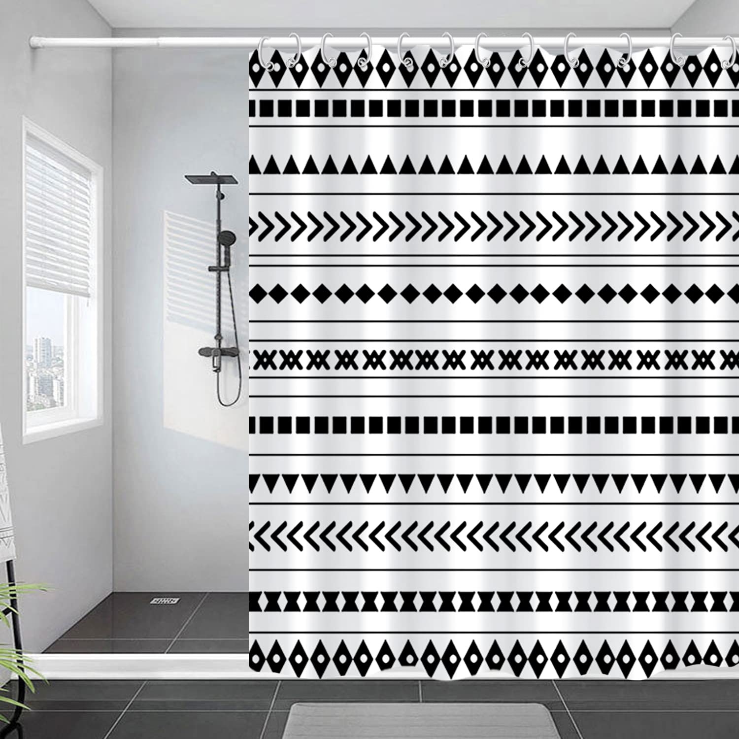 Boho Waterproof Shower Curtain - Black & White Geometric Pattern with Hooks, 72x96 Inch Bathroom Decor for Modern & Bohemian Style Homes | Perfect for Spa-Like Showers and Bathroom Makeovers