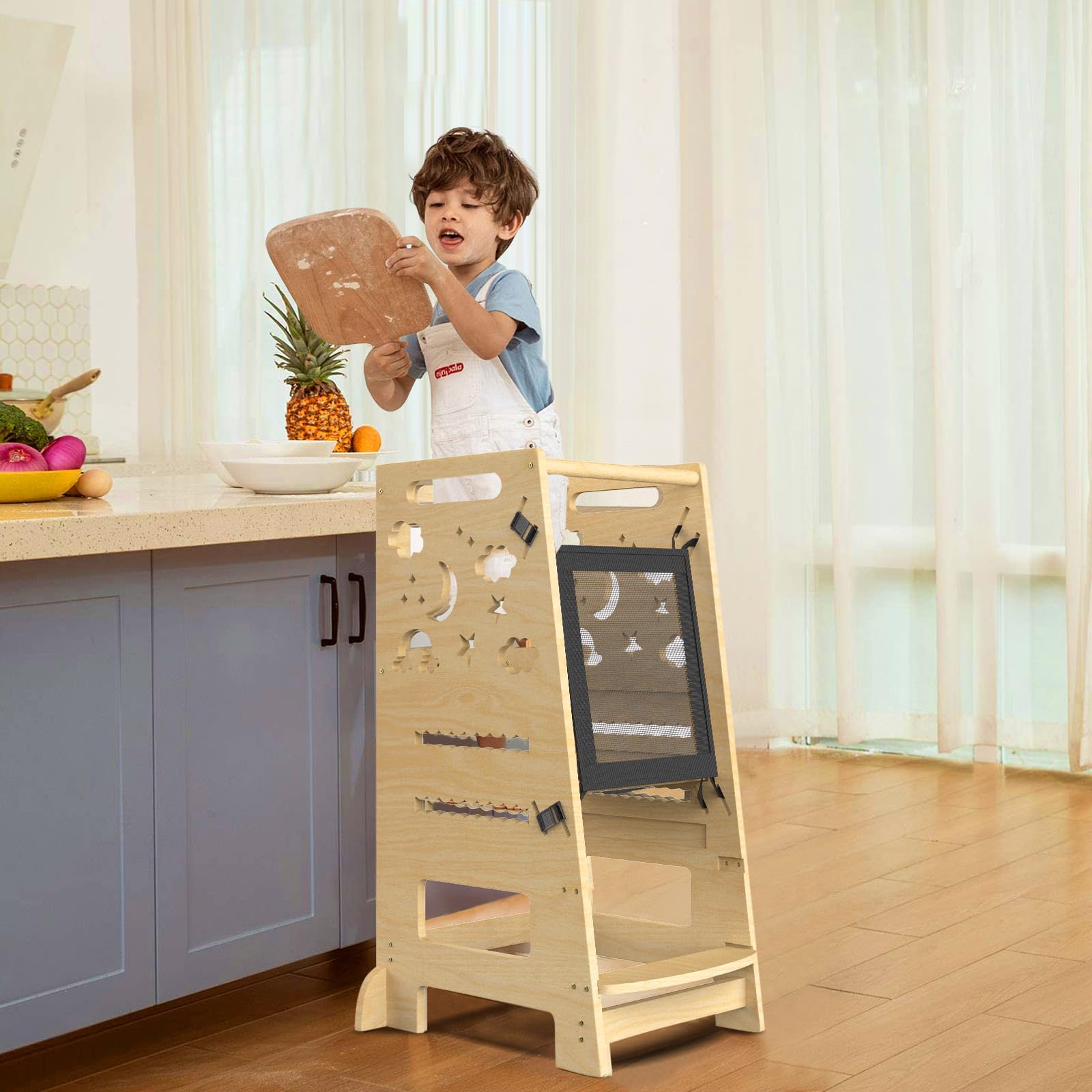 Natural Wood Adjustable Height Toddler Tower with Safety Rail - Montessori Learning Step Stool for Kids, Perfect for Kitchen Counter & Bathroom Use, Ideal for Cooking, Baking & Handwashing Activities