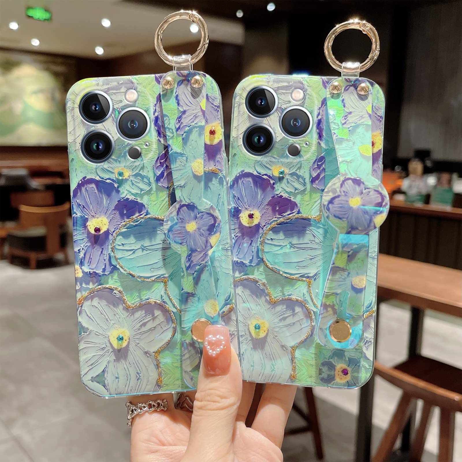 Elegant Bling Flower iPhone 13 Pro Max Case 6.7 Inch - Cute Slim TPU Shockproof Cover with Wrist Strap & Kickstand for Women & Girls | Perfect for Daily Use, Work & Social Events