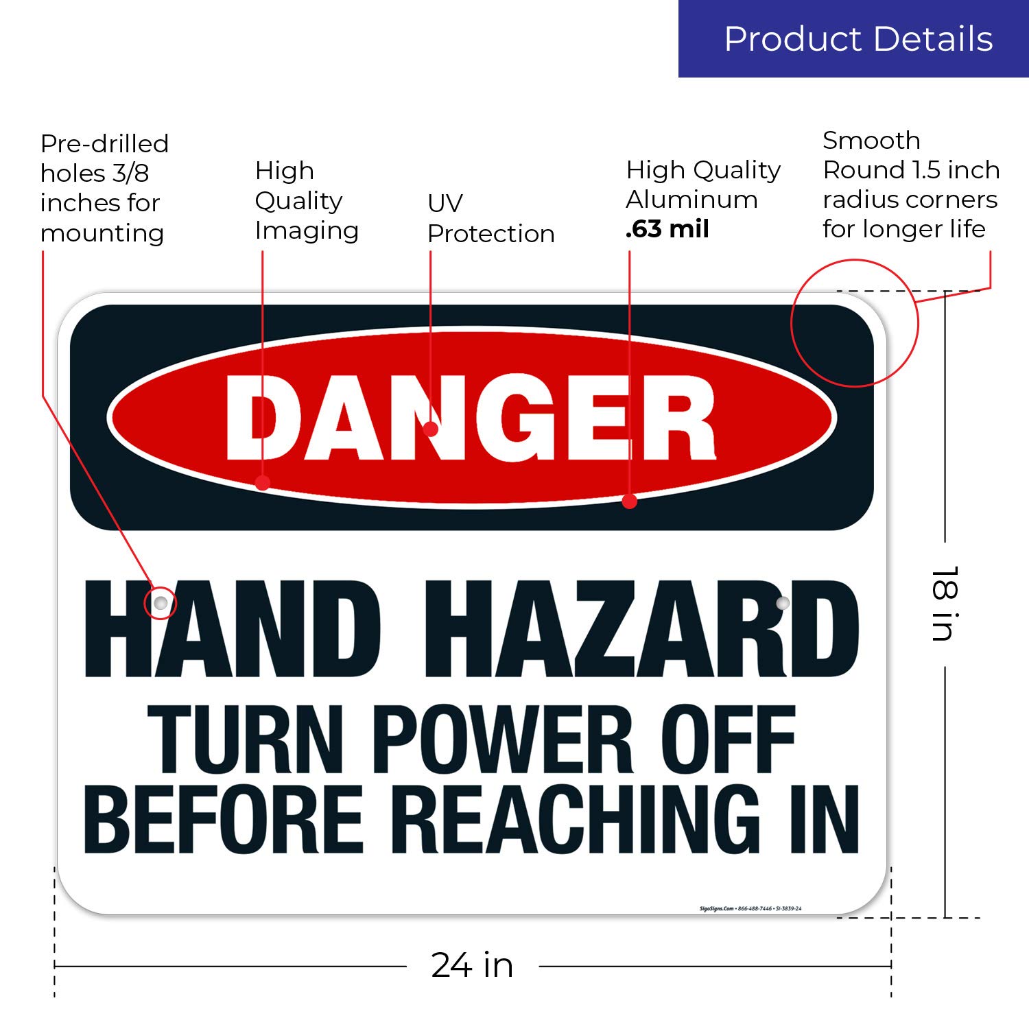 OSHA Danger Sign - Hand Hazard Turn Power Off Before Reaching, 18x24 Inch Rust-Free Aluminum Safety Sign, Fade Resistant for Indoor/Outdoor Use | Workplace Safety Equipment, Machine Guarding & Electrical Hazard Warning | Made in USA