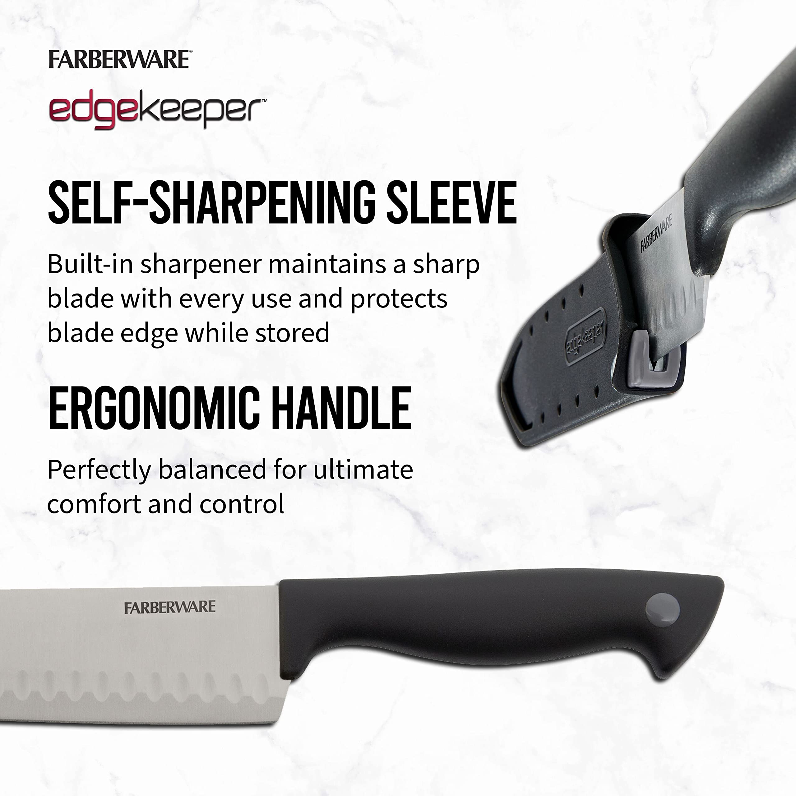 Farberware Edgekeeper 5-Inch Santoku Knife - High Carbon Stainless Steel Kitchen Knife with Self-Sharpening Blade Cover & Ergonomic Handle - Razor Sharp Black Knife for Slicing, Dicing, and Chopping Vegetables, Fruits, and Meat
