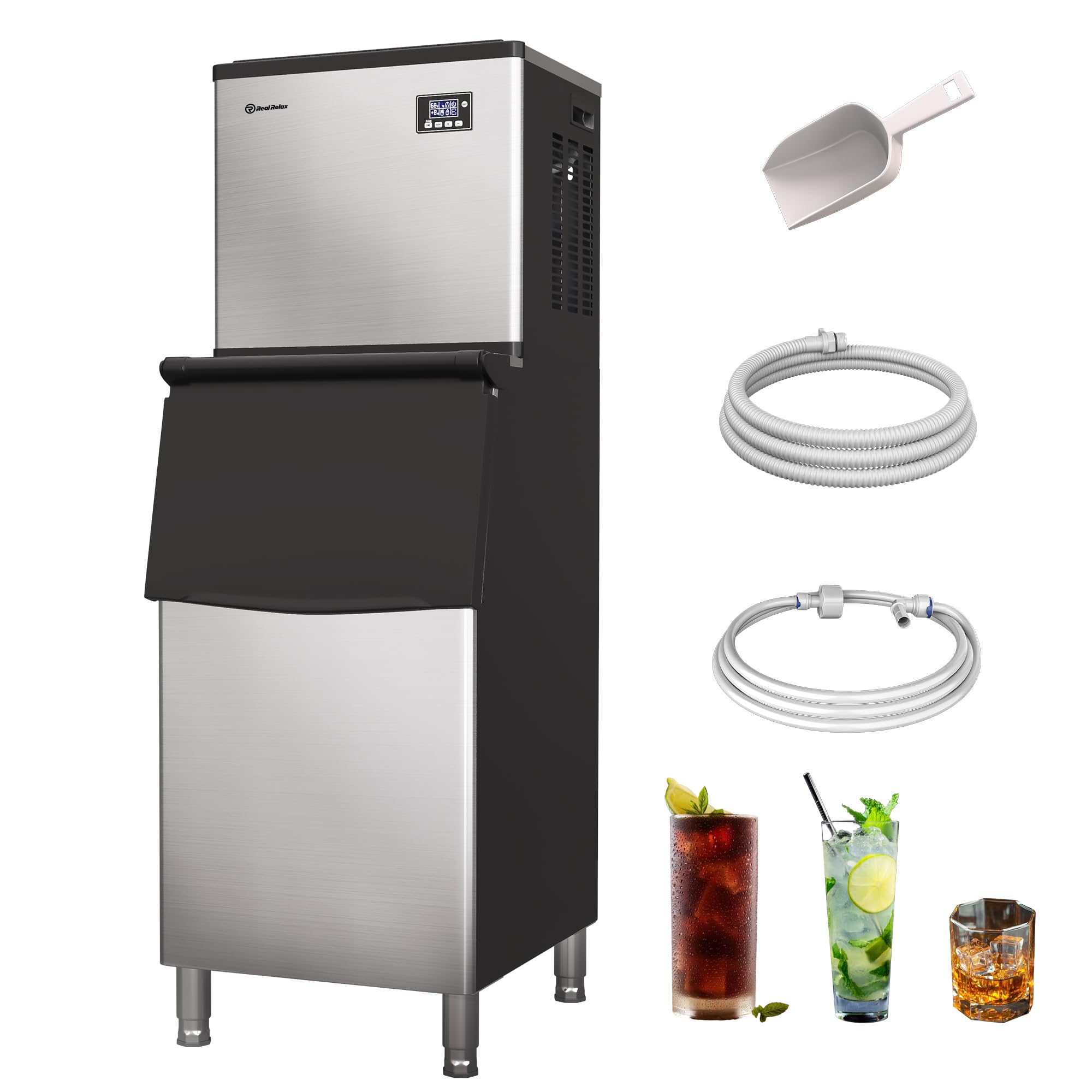 Commercial Ice Maker Machine 360 lbs/24h, 200 lbs Ice Storage Bin, Stainless Steel Self-Cleaning with LCD Display - Freestanding Ice Maker for Home, Bar, Restaurant, Office - Includes Connecting Hose (Silver) - Perfect for Cocktails, Beverages & Large Gatherings