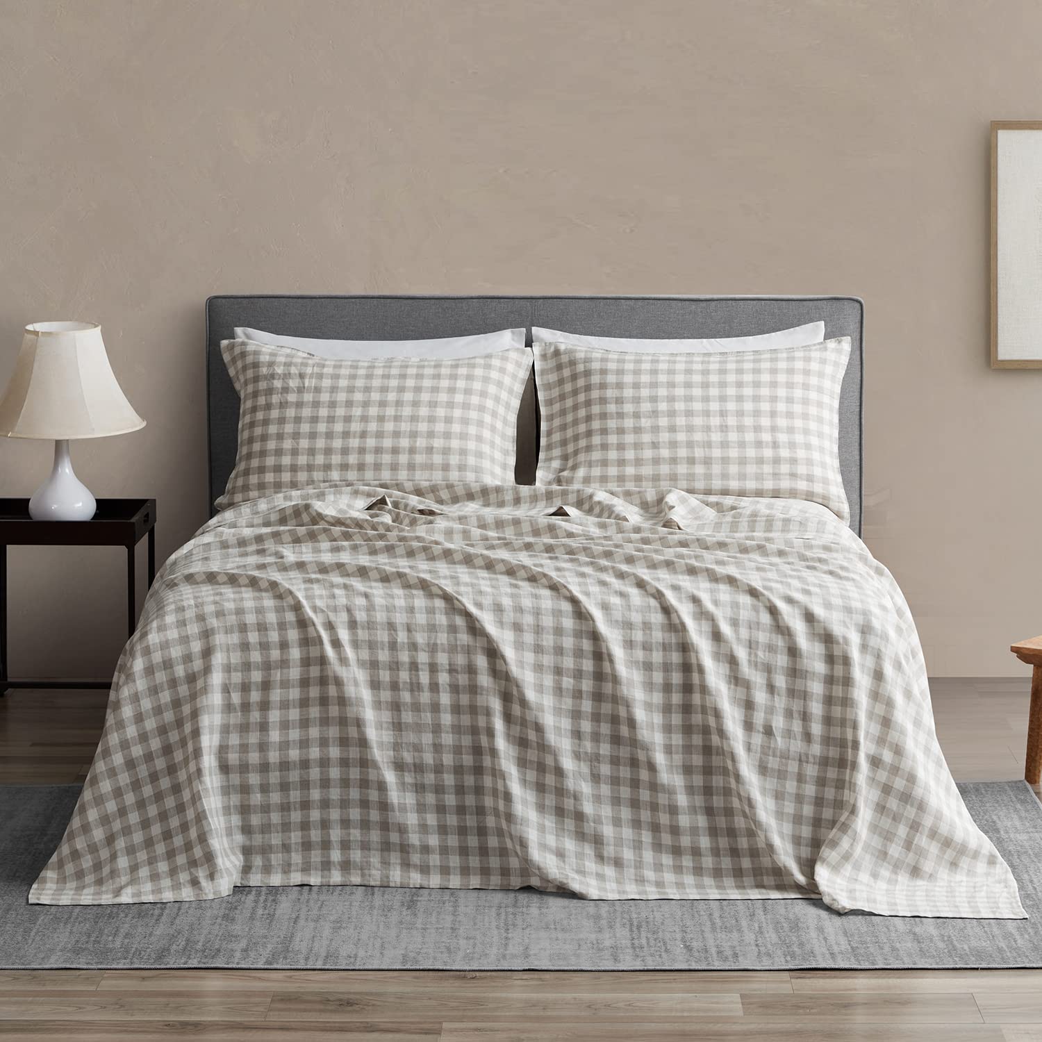 Premium 100% Washed Linen Sheets Set Full Size - 4PC Hypoallergenic Soft Bedding with Envelope Closure | Gingham Check Plaid Design in Beige & White | Breathable & Durable for All Seasons - Perfect for Master Bedroom, Guest Room & Vacation Homes