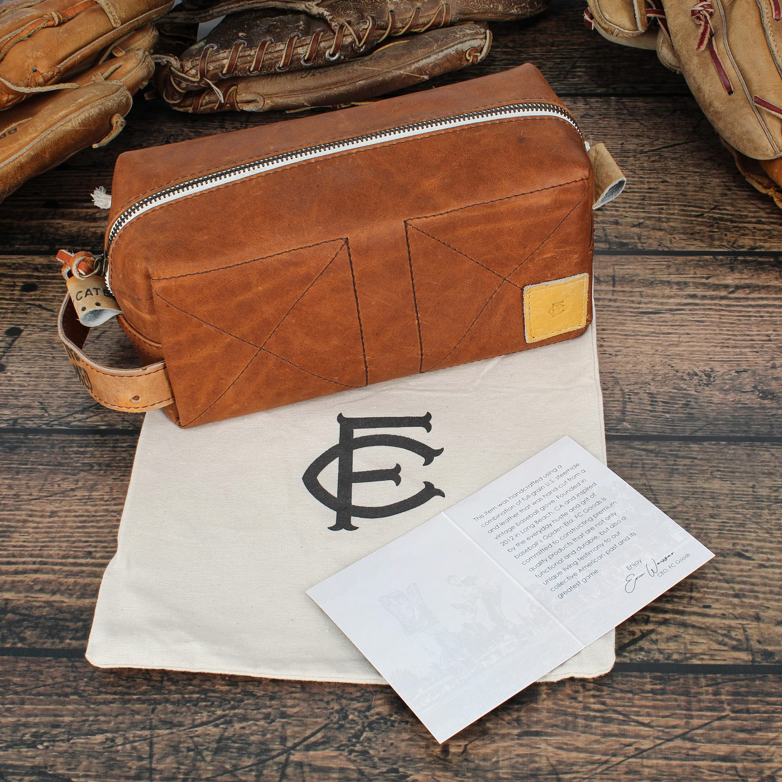 Premium Leather Baseball Travel Toiletry Bag - Handcrafted Vintage Gloves Design by FC Goods | Durable Cosmetic Organizer for Men & Women | Perfect for Baseball Games, Gym, Travel & Daily Use