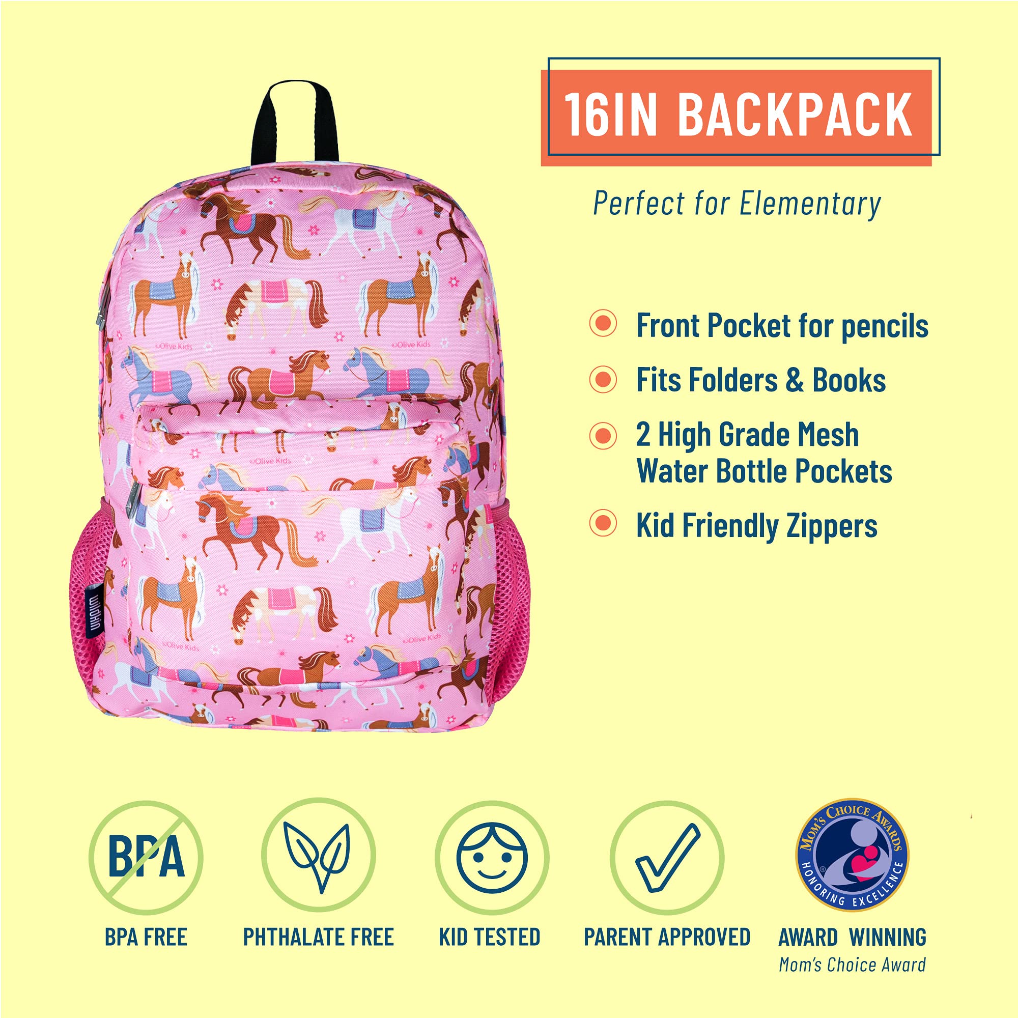 Wildkin 16-inch Kids Backpack for School - Durable Padded Backpack with Spacious Compartments for Boys & Girls - Horse Design - Perfect for Elementary Students, Day Trips & Outdoor Adventures
