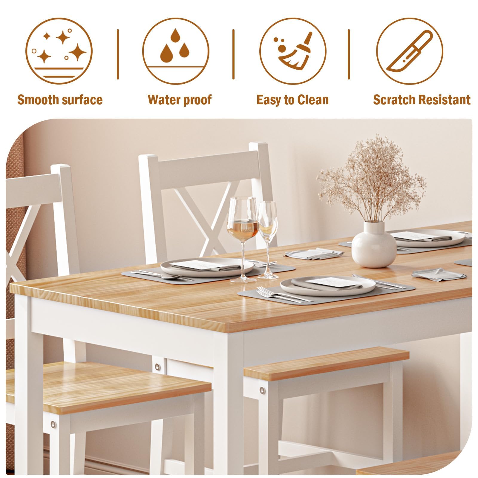 5-Piece Wooden Dining Table Set for 4 - SogesPower Kitchen Table with 4 Chairs, White & Oak Finish - Perfect for Small Spaces, Apartments, Restaurants & Cozy Dining Rooms
