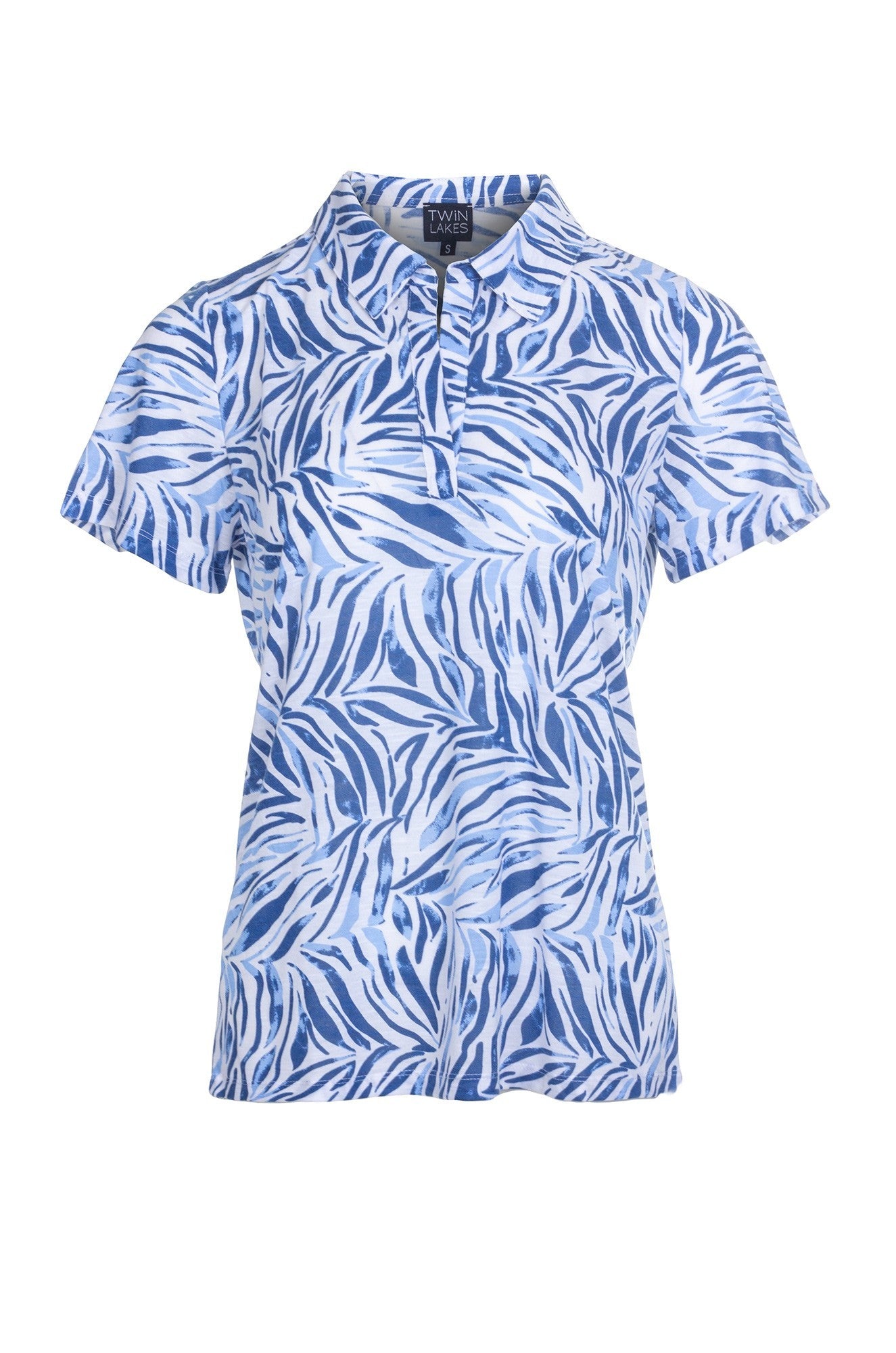 Printed Poly Slub Collar Top - BLUES ABSTRACT Design 6744A1 | Stylish Casual Wear for Women | Perfect for Daily Outfits, Office & Weekend Looks