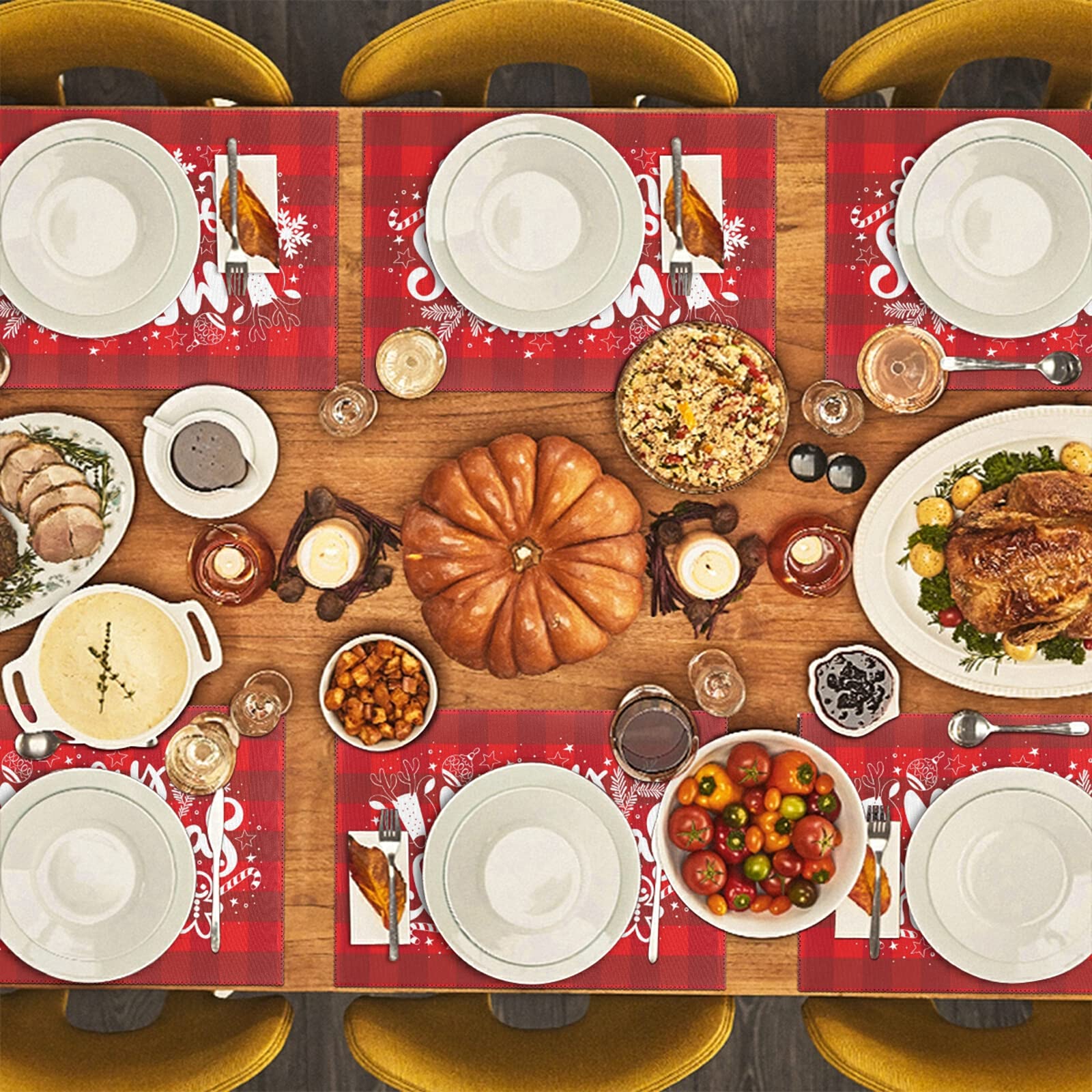 Merry Christmas Placemats Set of 4 - Holiday Plaid Non-Slip Heat-Resistant Washable Table Mats for Kitchen & Dining - 12