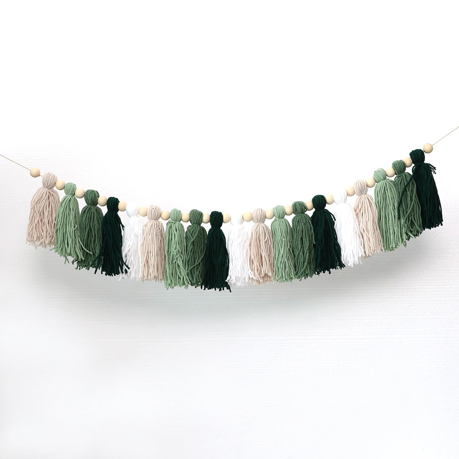 Natural Wood Bead Garland with Green Tassels - Boho Wall Hanging Decor for Nursery, Kids Bedroom, Baby Shower & Birthday Party | Perfect for Bohemian Home Decor and Photo Backdrops