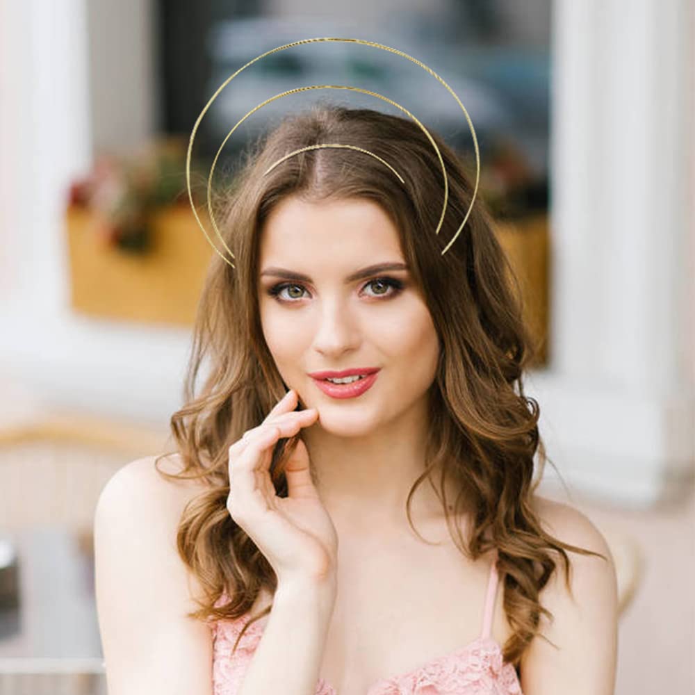 Gold Metal Queen Goddess Angel Halo Crown Headband - 6 Pack of 3 Layer Tiara Hair Hoops for DIY Crafts, Costume Parties, Cosplay & Wedding Accessories - Perfect for Halloween, Bridal Showers, Pageants and Themed Events