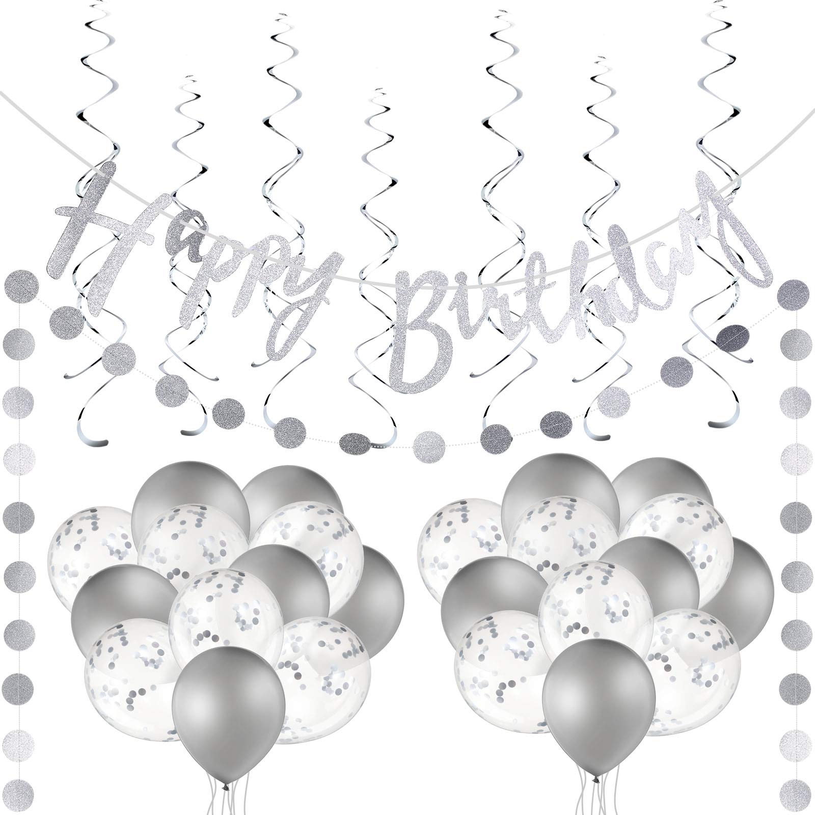 Silver Glitter Happy Birthday Banner Decoration Kit with Balloons, Circles & Swirls - Perfect for Baby Showers, Weddings, Anniversaries & Birthday Parties | Party Supplies & Hanging Decorations