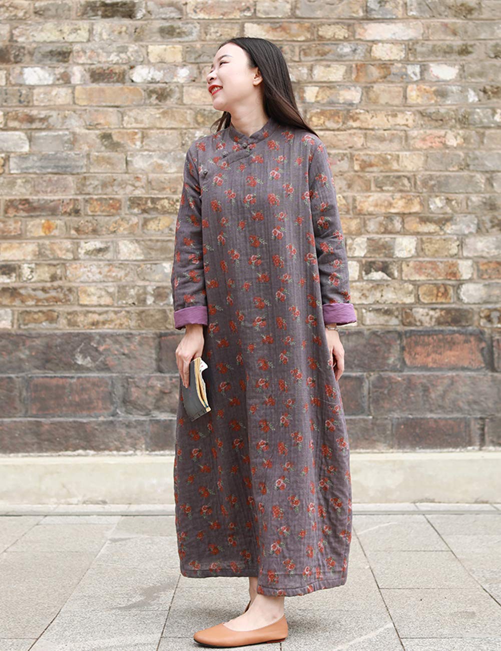 Women's Floral Print Cheongsam Dress - Elegant Chinese Style Long Cotton Dress for Spring & Autumn - Double-Layer Casual Wear for Parties, Weddings & Special Occasions