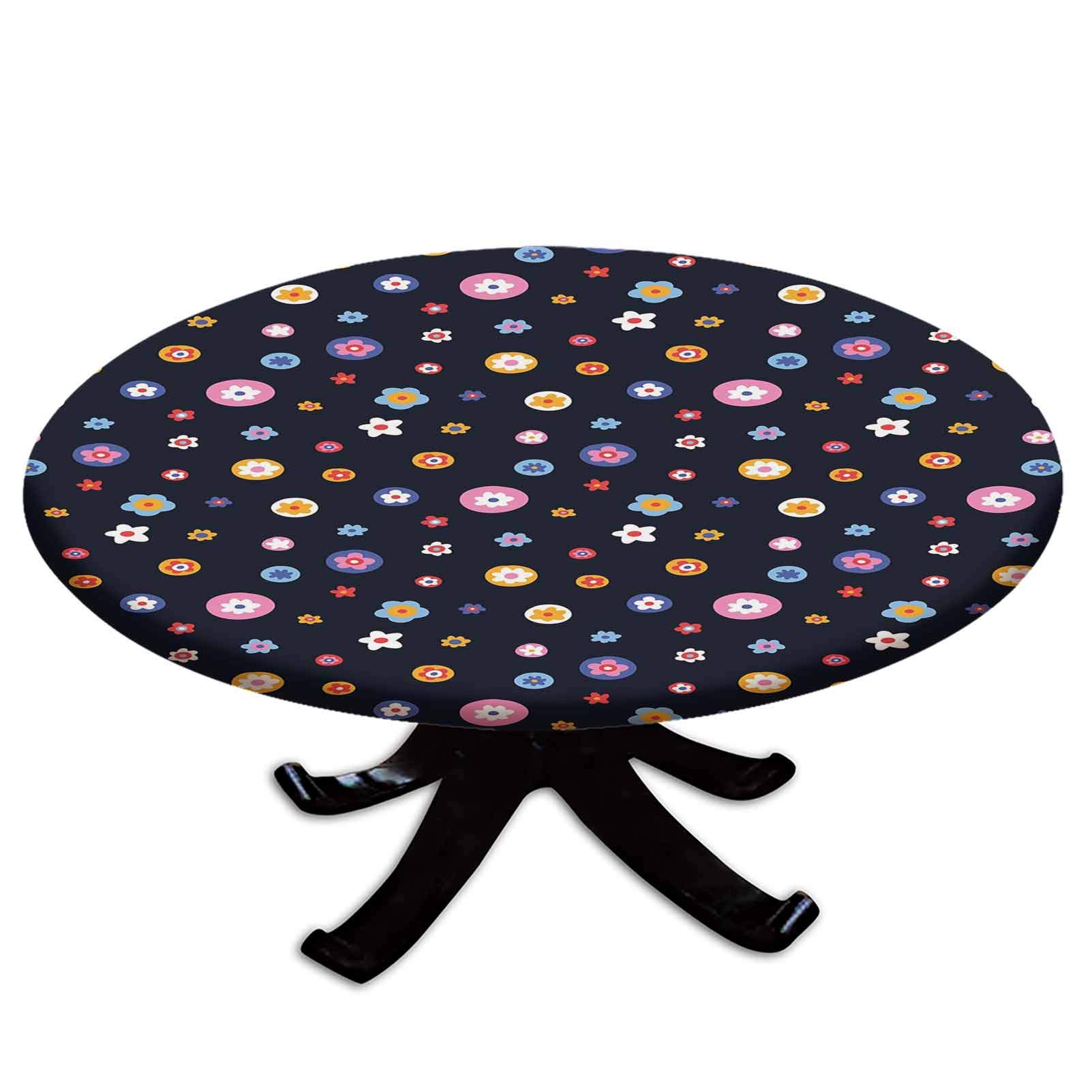 Colorful Elastic Edged Polyester Fitted Table Cover with Doodle Daisy Flowers - Perfect for Girls Room & Nursery Decor (Fits 56
