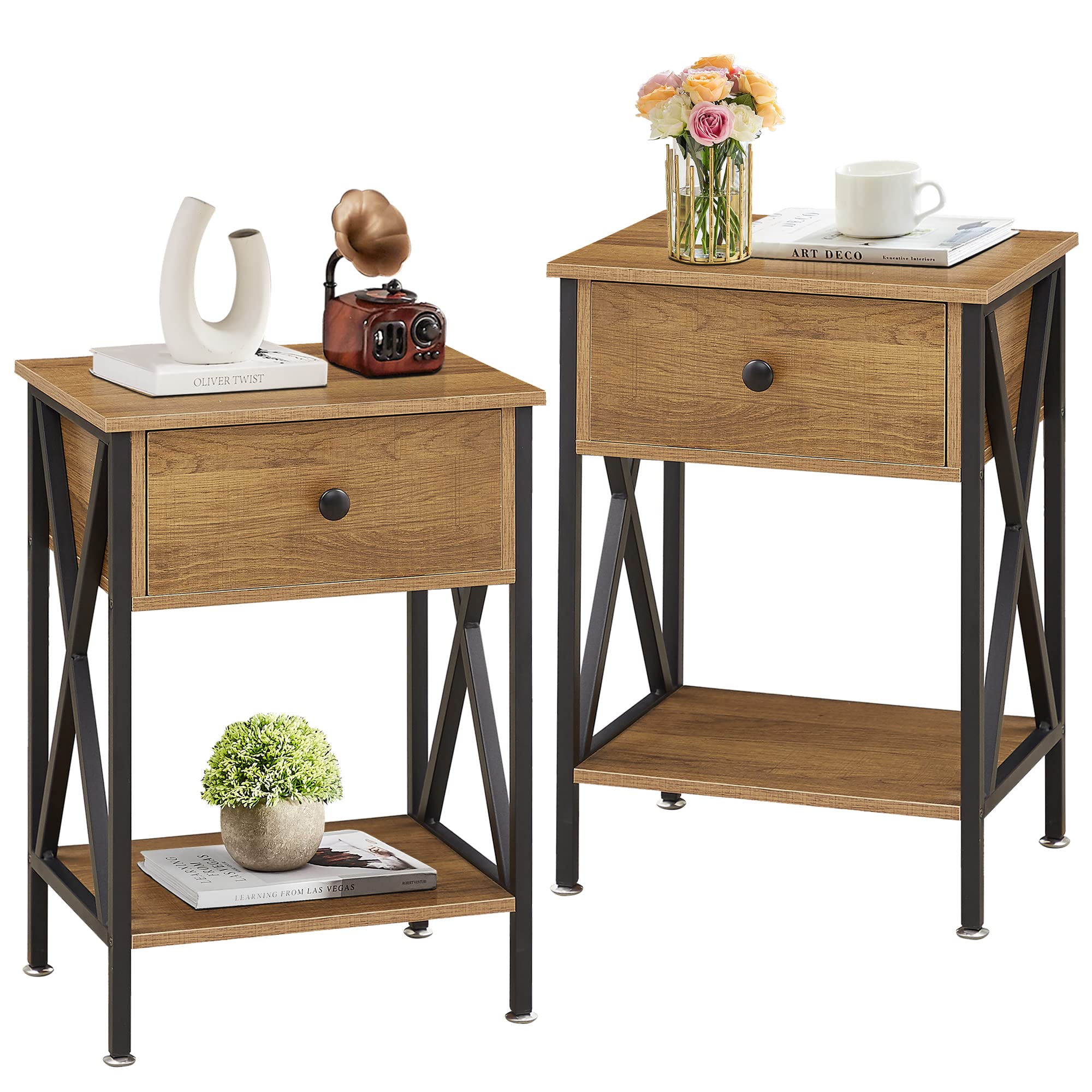 Modern X-Design Nightstand Set of 2 - Versatile Walnut Brown End Tables with Storage Shelf & Drawer for Bedroom or Living Room | Space-Saving Night Stand with Storage Bin for Small Apartments & Guest Rooms
