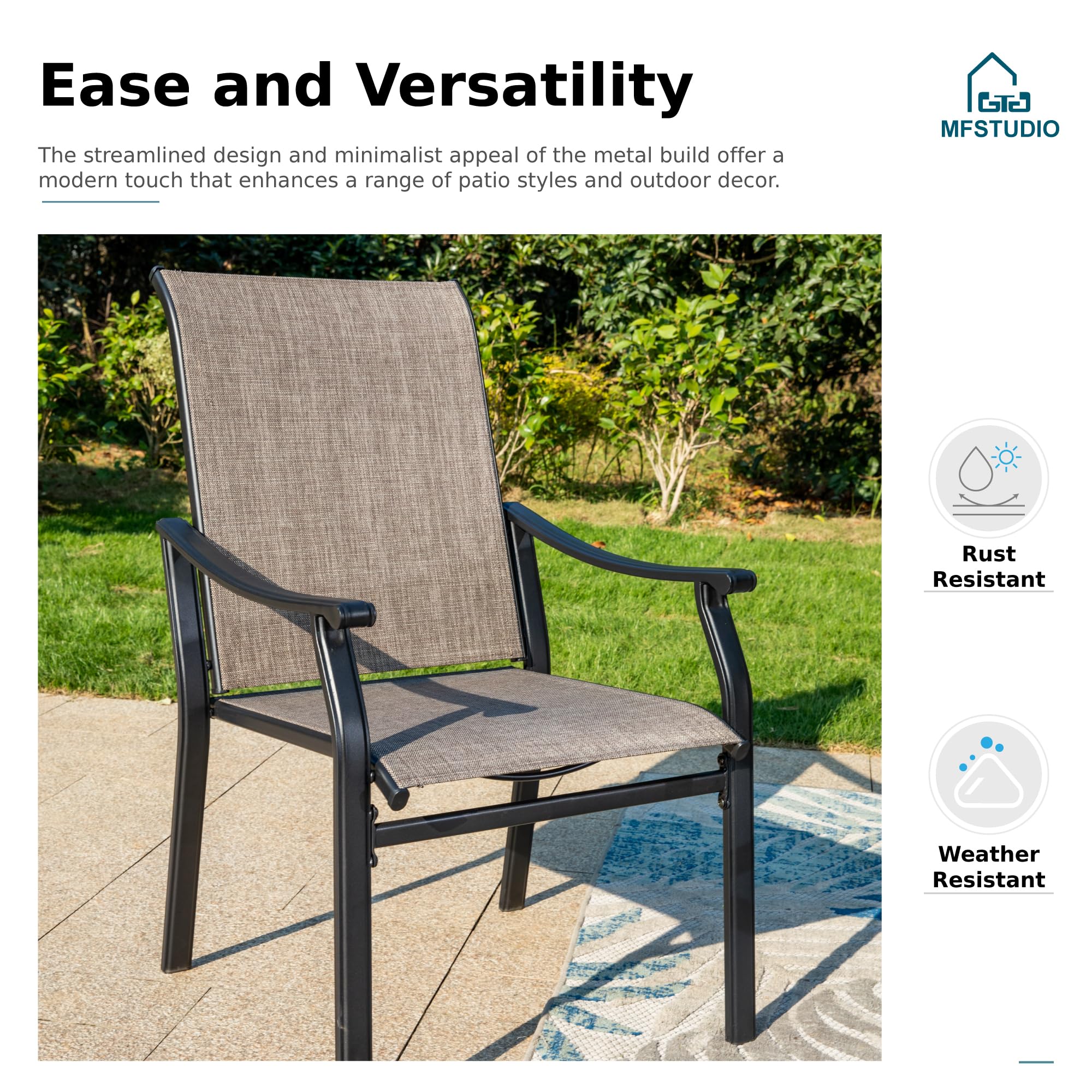 MFSTUDIO 4-Piece Outdoor Patio Dining Chairs Set - Heavy Duty All-Weather Resistant Metal Frame Sling Chairs with Backrest & Armrest (Grey) - Perfect for Backyard, Garden, Poolside & Patio Relaxation