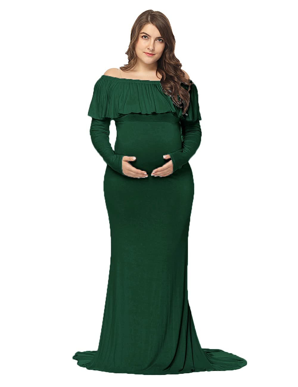 Elegant Maternity Gown - Off Shoulder Long Sleeve Ruffled Maxi Dress for Pregnancy Photoshoot | Slim Fitted Photo Shoot Dress for Baby Shower, Maternity Portraits & Special Occasions
