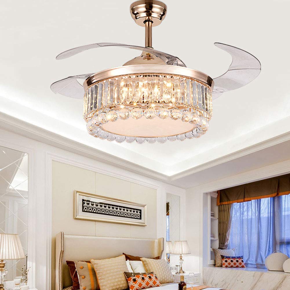 42 Inch Modern Crystal Ceiling Fan with LED Light and Remote Control - Retractable Blades, Chandelier Style for Bedroom, Living Room & Dining Room - Perfect for Home Cooling and Elegant Lighting Decor