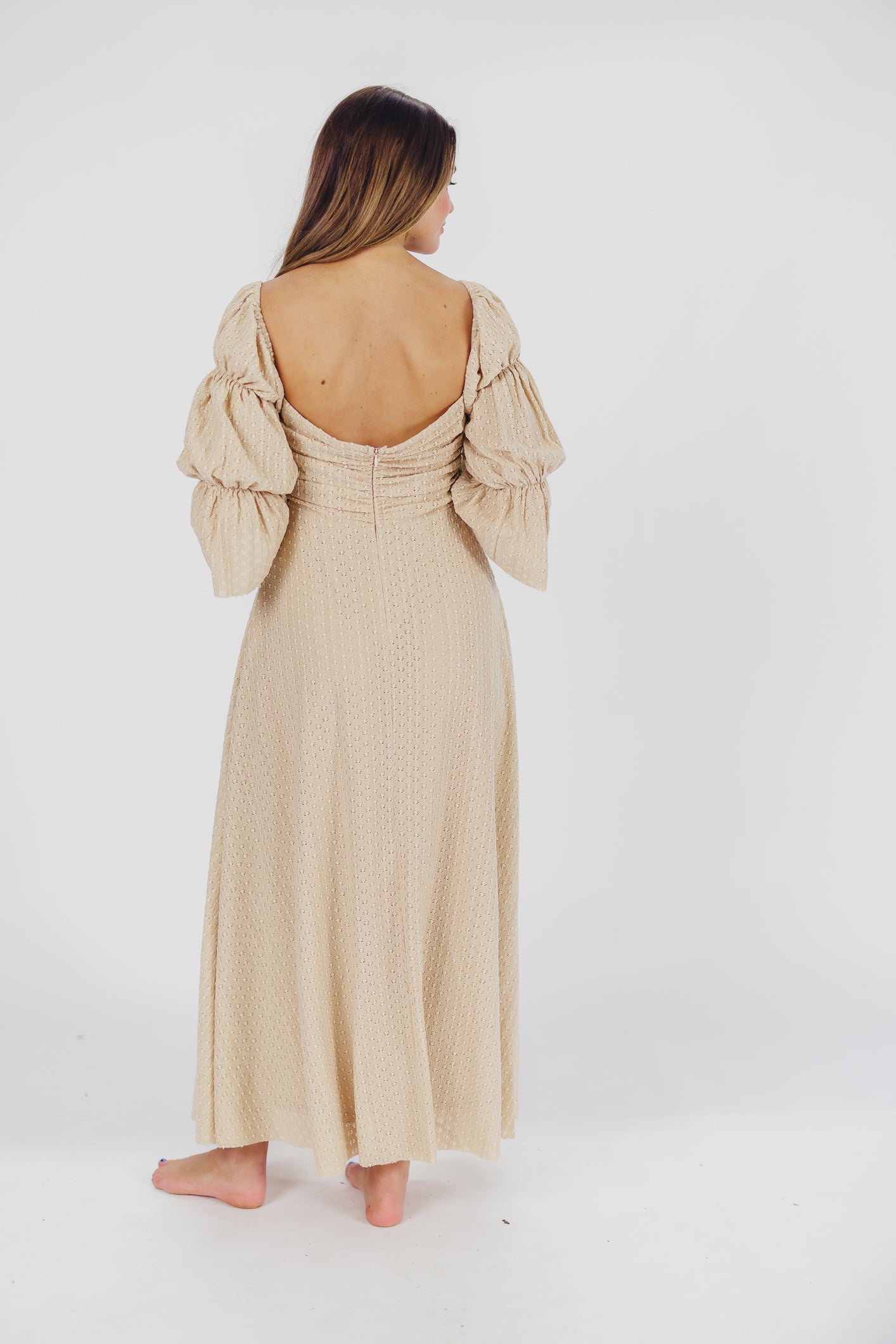 Corrine Tiered Sleeve Maxi Dress with Pockets - Bump Friendly Maternity Dress in Beige | Perfect for Pregnancy, Nursing, and Special Occasions