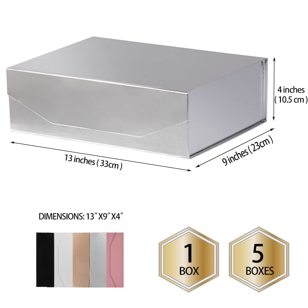 13x9x4 Inch Silver Large Gift Box with Lid - Magnetic Closure, Collapsible & Reusable Bridesmaid Proposal Box, Groomsman Gift Box for Clothes, Jewelry & Accessories (Glossy Silver) - Perfect for Weddings, Anniversaries & Special Occasions