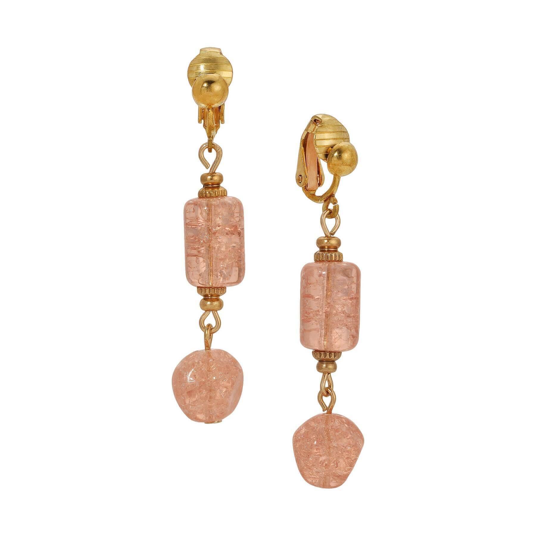 Vintage 1928 Beaded Peach Cracked Glass Clip-On Earrings - Elegant Dangle Earrings for Women, Perfect for Weddings, Parties & Special Occasions