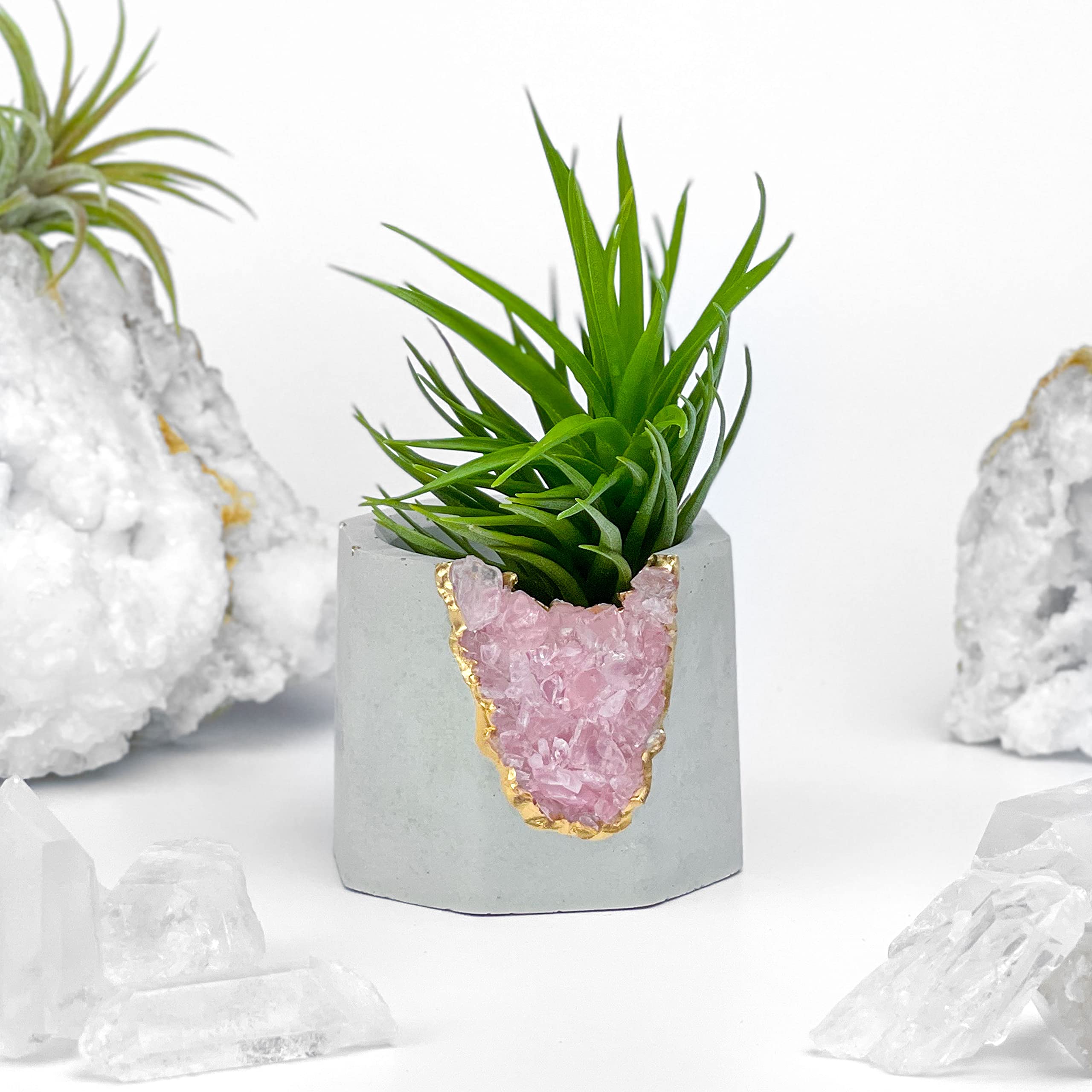 Geode Planter with Raw Rose Quartz Crystal - Mini Succulent & Air Plant Holder - Concrete Candle Pot for Home Decor, Office Desk & Healing Crystal Display
