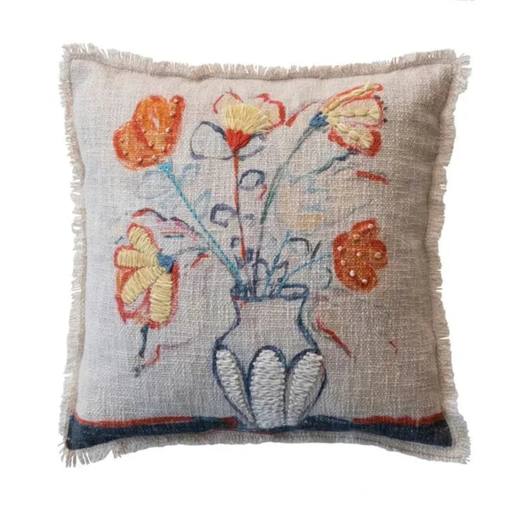Floral Embroidered Cotton Slub Pillow - Boho Home Decor Throw Cushion for Sofa, Bed & Nursery - Soft & Stylish Decorative Pillow Cover for Living Room, Bedroom & Dorm