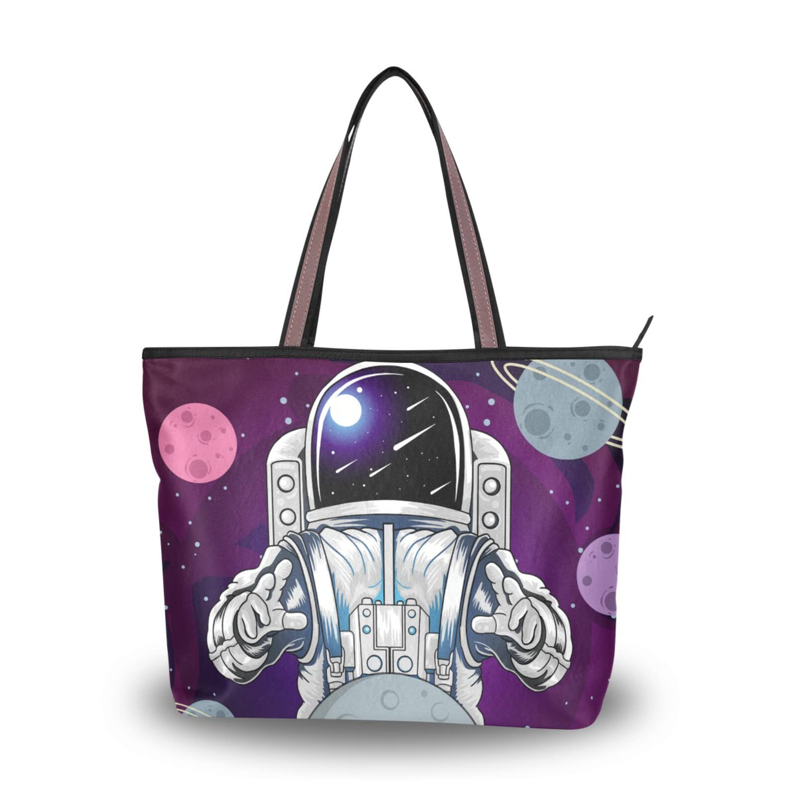 Stylish Astronaut Planets Tote Bag for Women - Large Capacity Zipper Grocery Bag, Durable Shopping Purse for Daily Use (2 Size Options) - Perfect for Work, Travel & Beach Outings