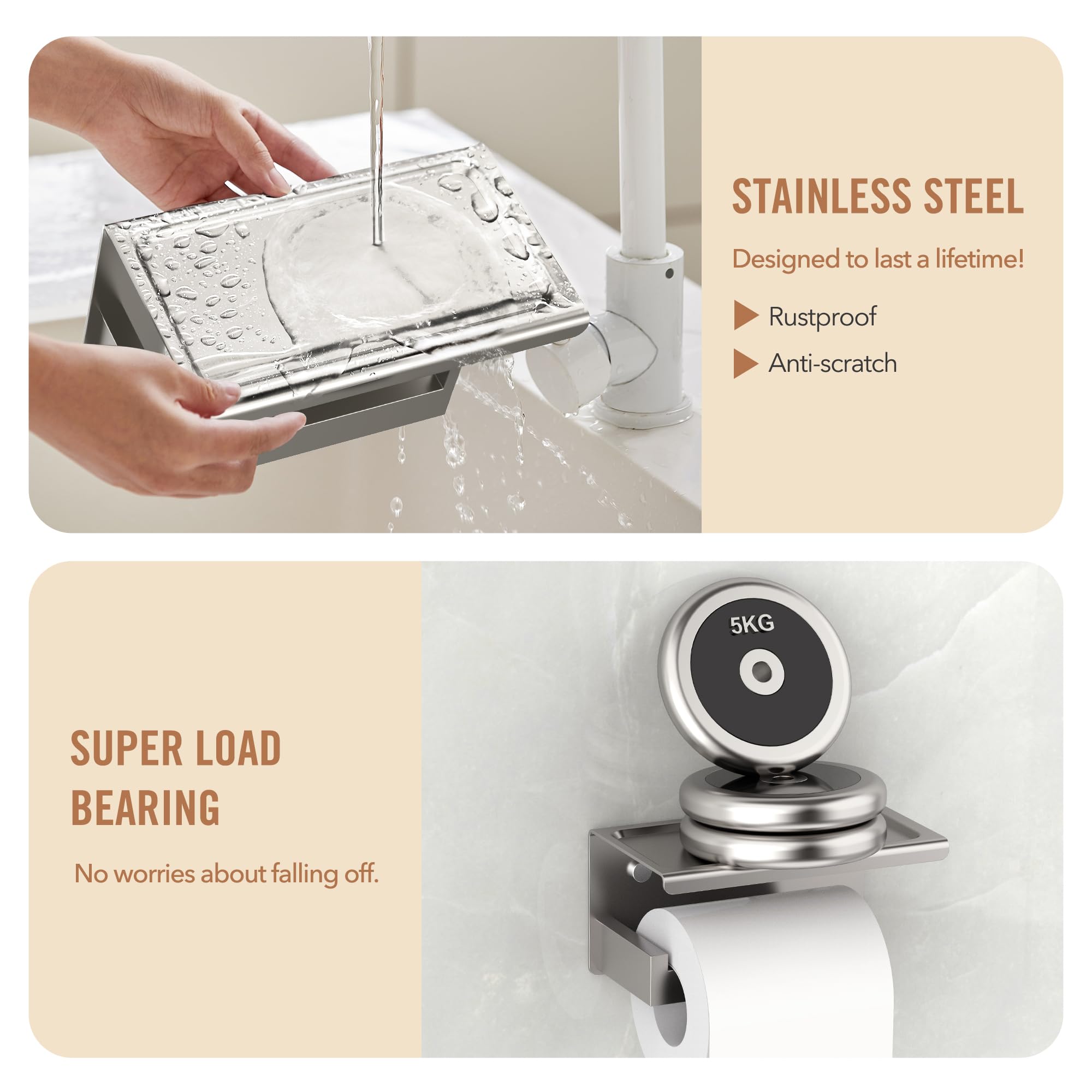 AIKER SUS304 No Drill Toilet Paper Holder - Stainless Steel Wall Mounted Bathroom Tissue Roll Holder with 19.5