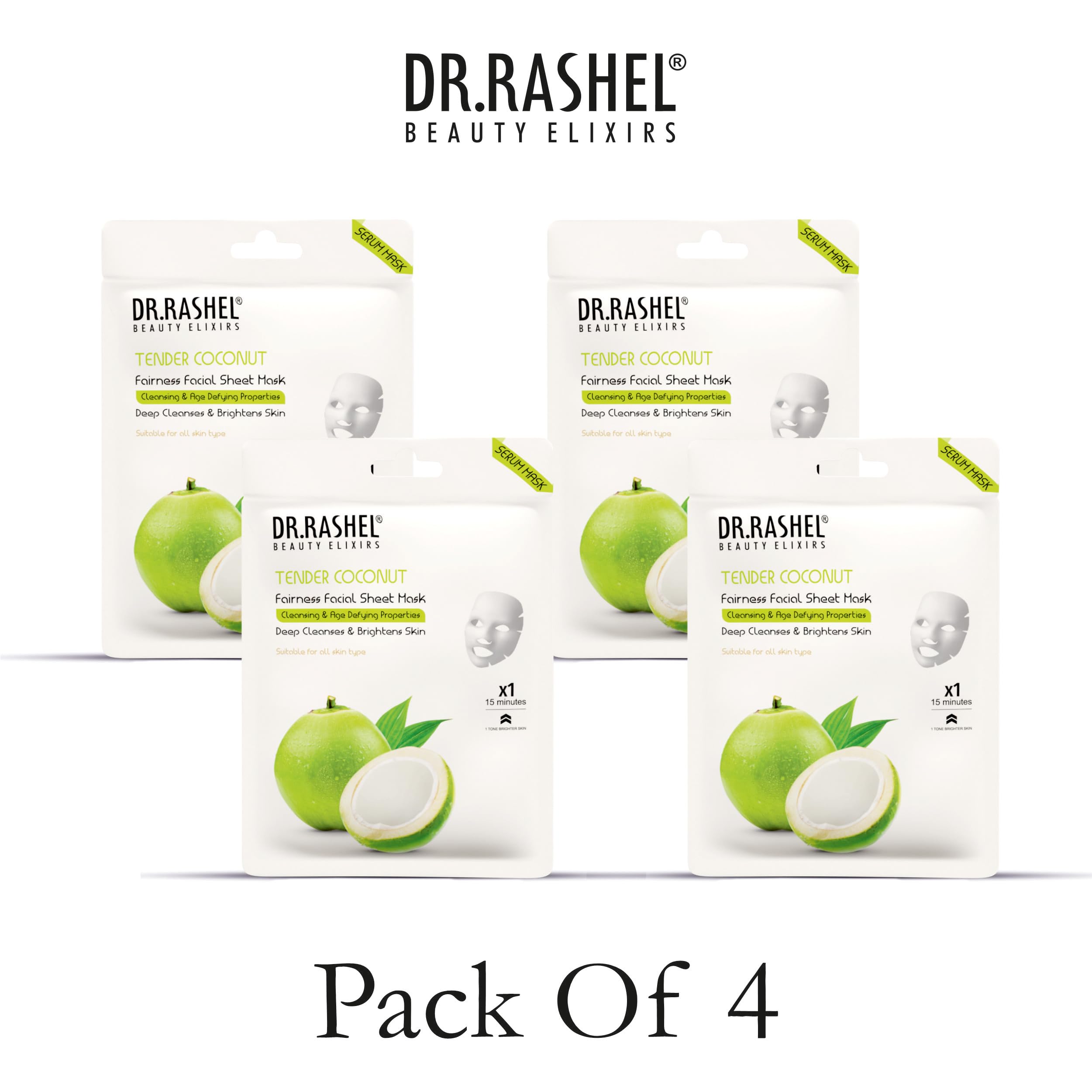 DR.RASHEL Tender Coconut Face Sheet Mask with Serum for Women & Men - All Skin Types | Deep Cleansing, Oil Control & Hydration | Repairing & Nourishing Treatment | Paraben-Free (Pack of 4, 20g Each) | Perfect for Daily Skincare, Spa Days & Travel