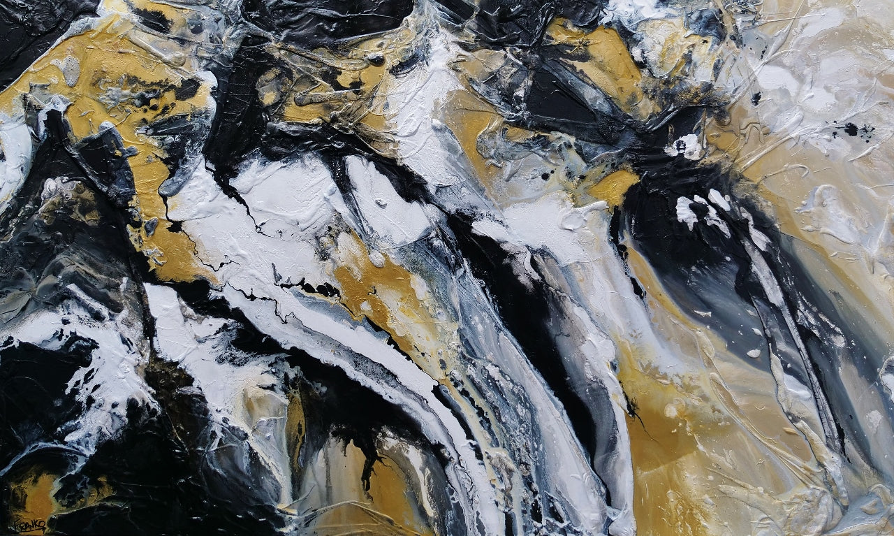 Golden Pearl 200cm x 120cm Black Gold White Textured Abstract Canvas Painting - Modern Wall Art for Living Room, Bedroom & Office Decor