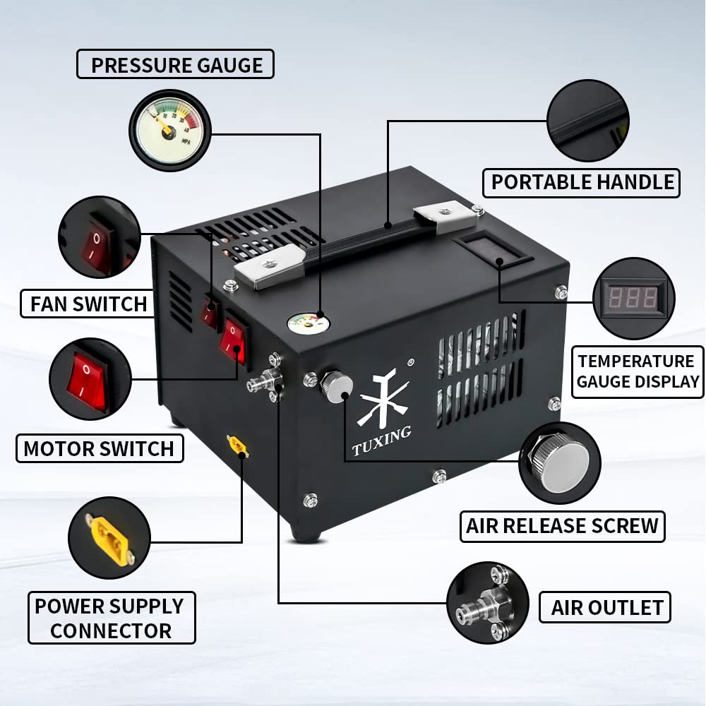 TUXING 4500PSI/300Bar High Pressure PCP Air Compressor - Portable HPA Pump with Fan Cooling for PCP Airguns, Pistols, Scuba Tanks & SUV Tires - 110V AC Power - Perfect for Shooting Ranges, Diving & Off-Road Adventures
