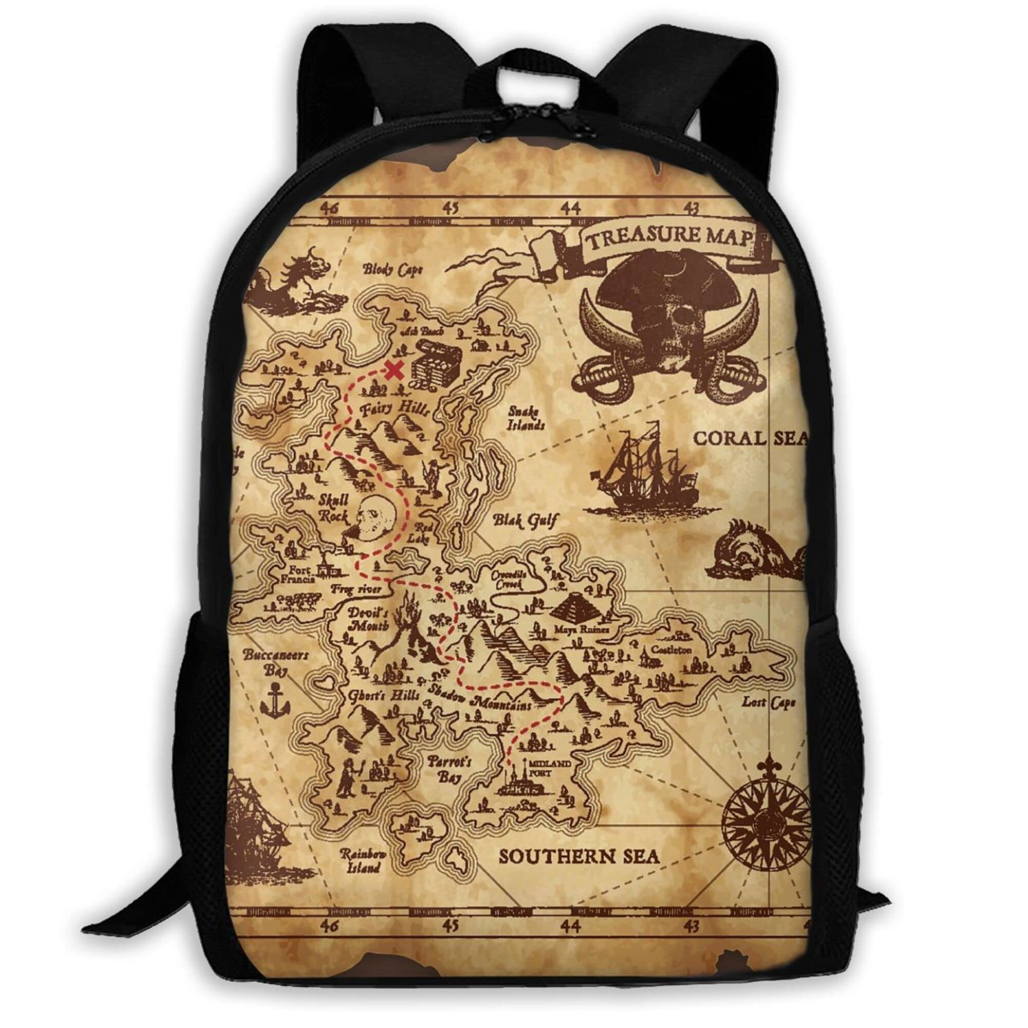 17 Inch Large Capacity Laptop Backpack with Side Pockets - Pirate Treasure Map Design Funny Travel Daypack for School, Work & Outdoor Adventures - Durable Cartoon Bookbag Rucksack for Men & Women